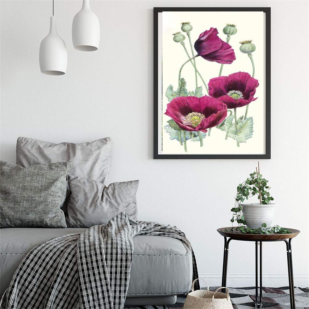 DIY 5D Diamante Pintura Bordado Kits Completo Amapolas rojas Diamond Painting Adultos/Niños Rhinestone Punto de Cruz Diamante Arte Artesanía Casa Decoración de La Pared Round Drill,70x90cm/28x36inch