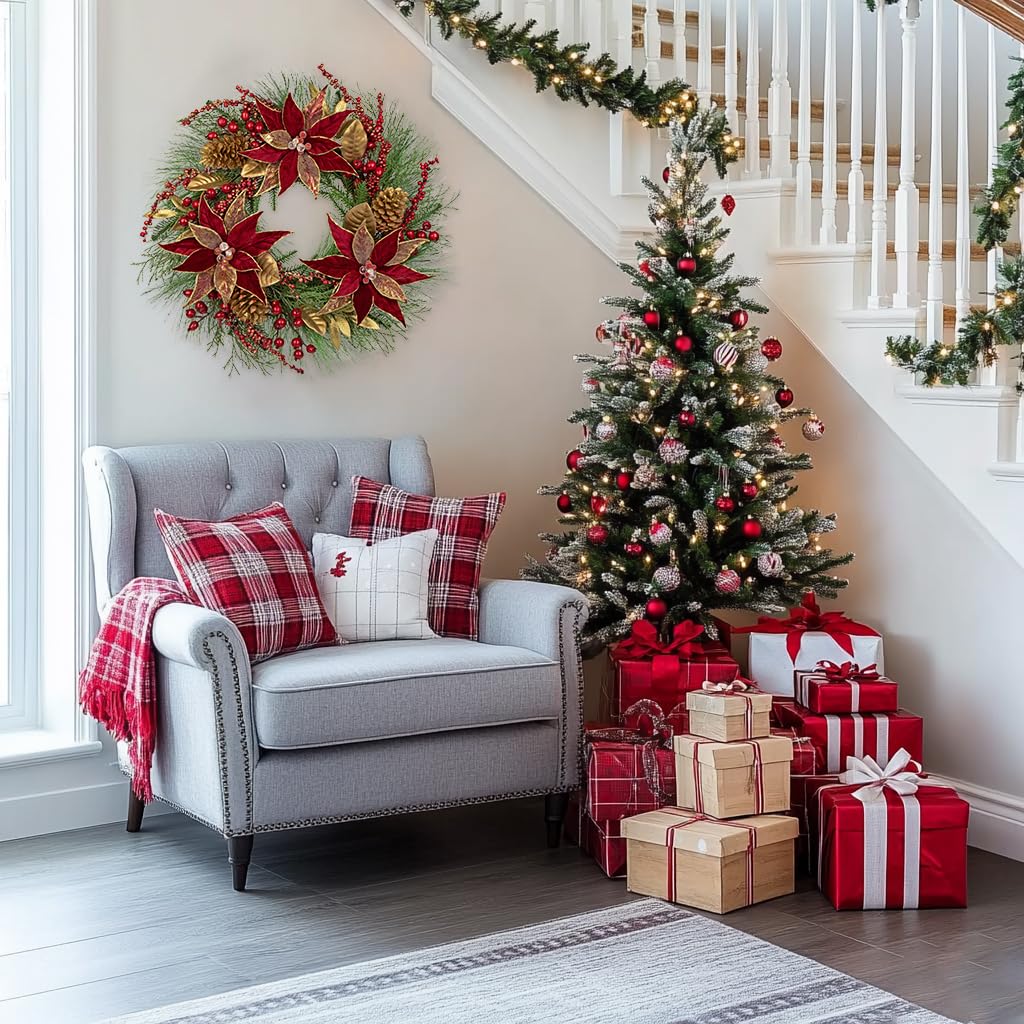 Arbrous - Corona de Navidad para puerta delantera, coronas de Navidad de 24 pulgadas, corona de Navidad con flores rojas de pascua, conos de pino, bayas, hojas de magnolia, coronas de invierno para