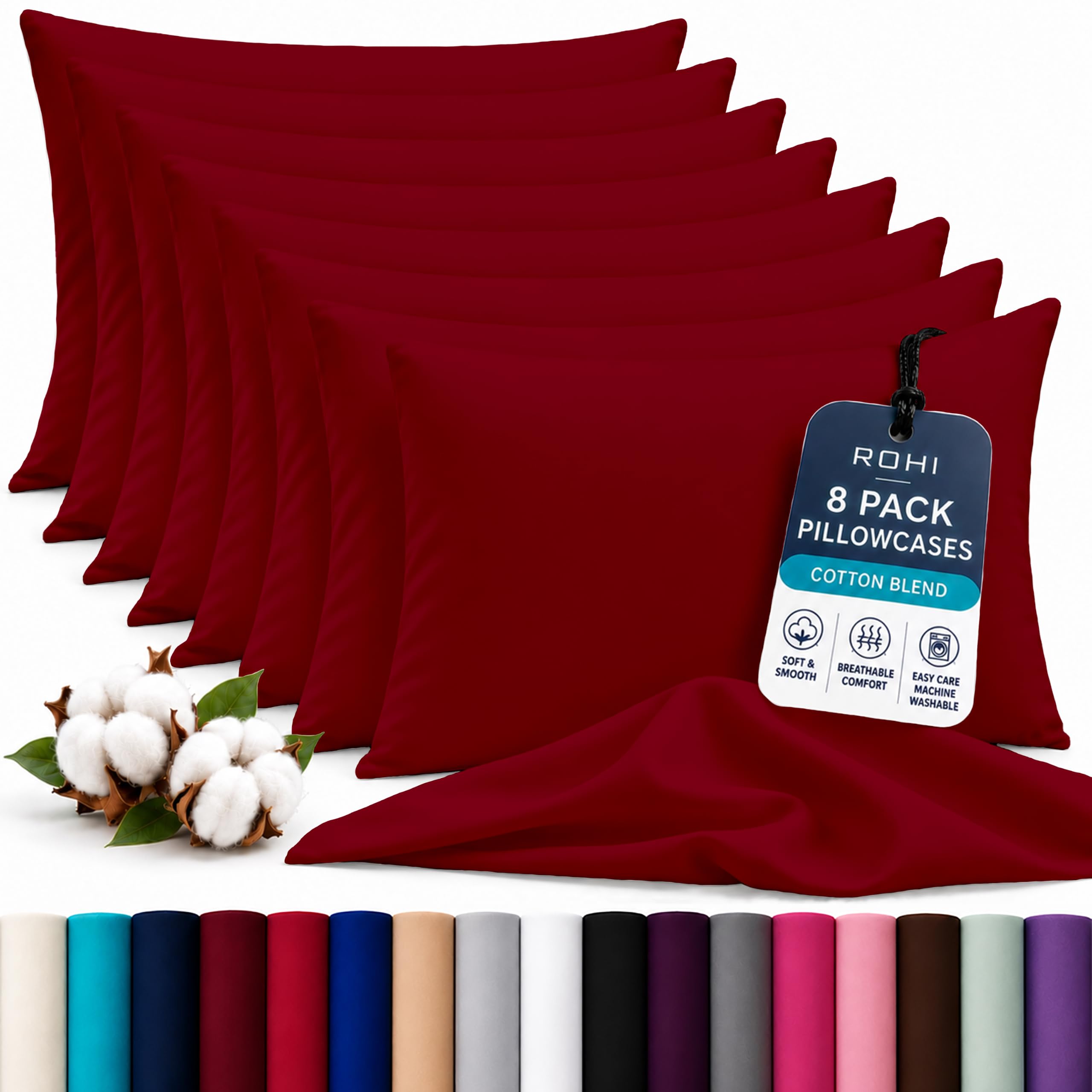 Rohi Luxury Burgundy Pillow Cases 8 Pack - (50×75cm) | Soft & Comfy Cotton Blend Pillow Covers with Envelope Closure | Breathable, Anti-Allergy, Fade & Wrinkle Resistant
