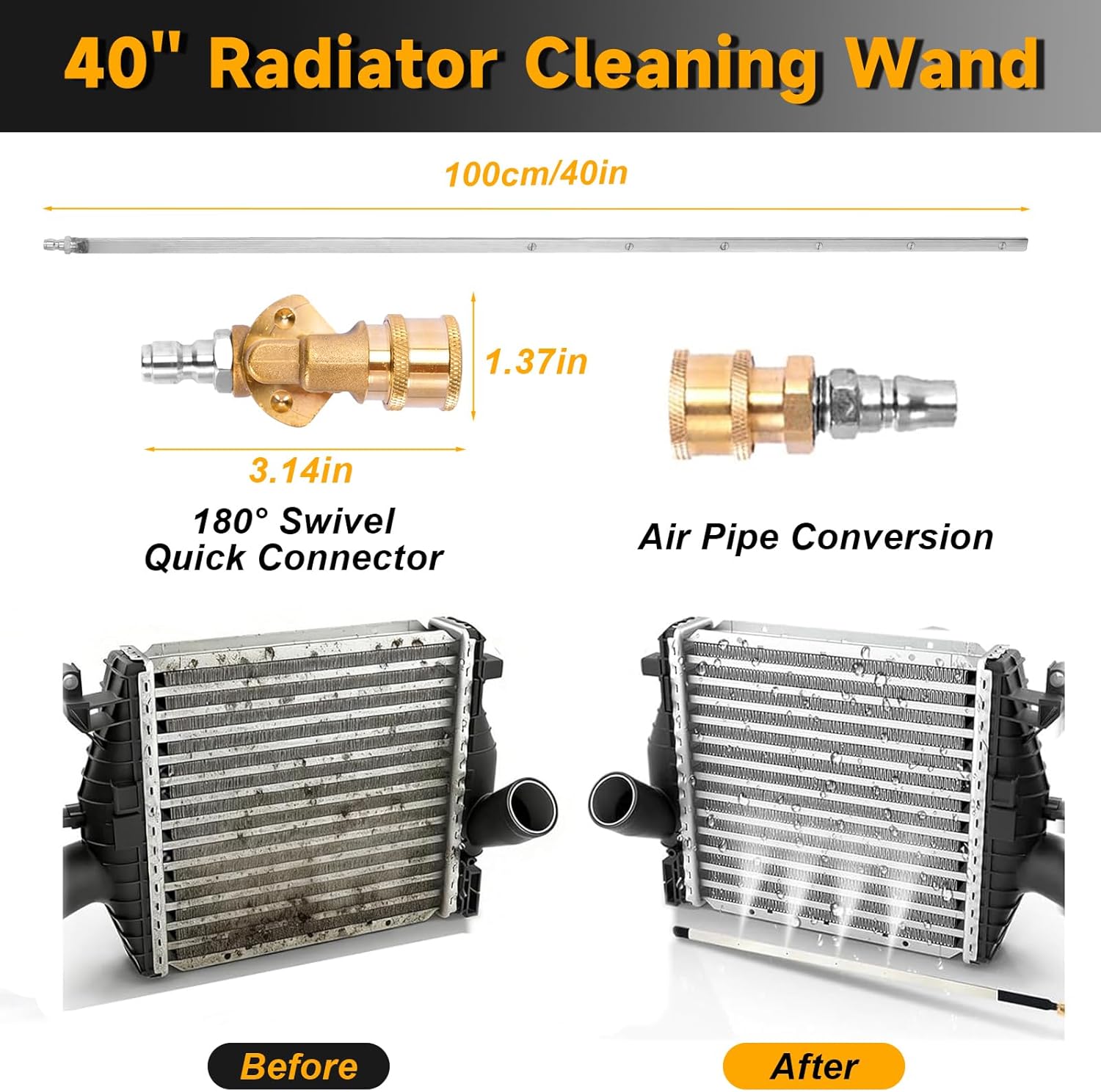 tonchean 40'' Radiator Cleaning Wand for Cars, 4500 PSI Pressure Washer Wand Dual Water/Air Radiator Flush and Cleaner Tool Kit with Two Adapters 25° Fan Radiator Cleaner for Trucks, RVs