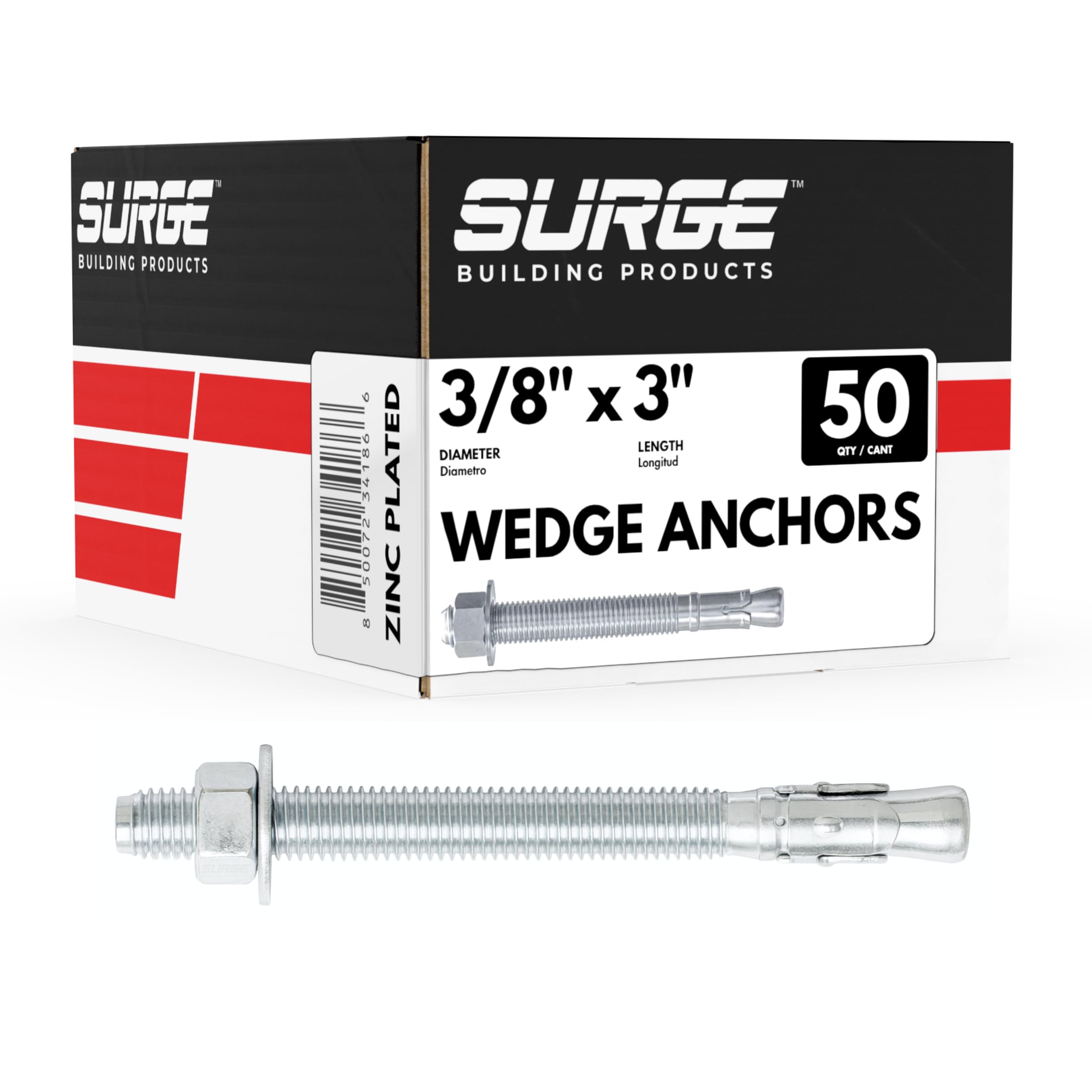 3/8" x 3" Zinc-Plated Wedge Anchors for Concrete and Cement | Heavy-Duty 3/8 Concrete Anchors (Box of 50)