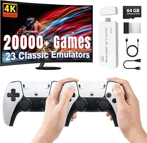 Retro Game Stick, Retro Gaming Console with Built-in 20000+ Classic Games, Video Games Stick 4K HDMI with Dual 2.4G Wireless Controllers (64GB)