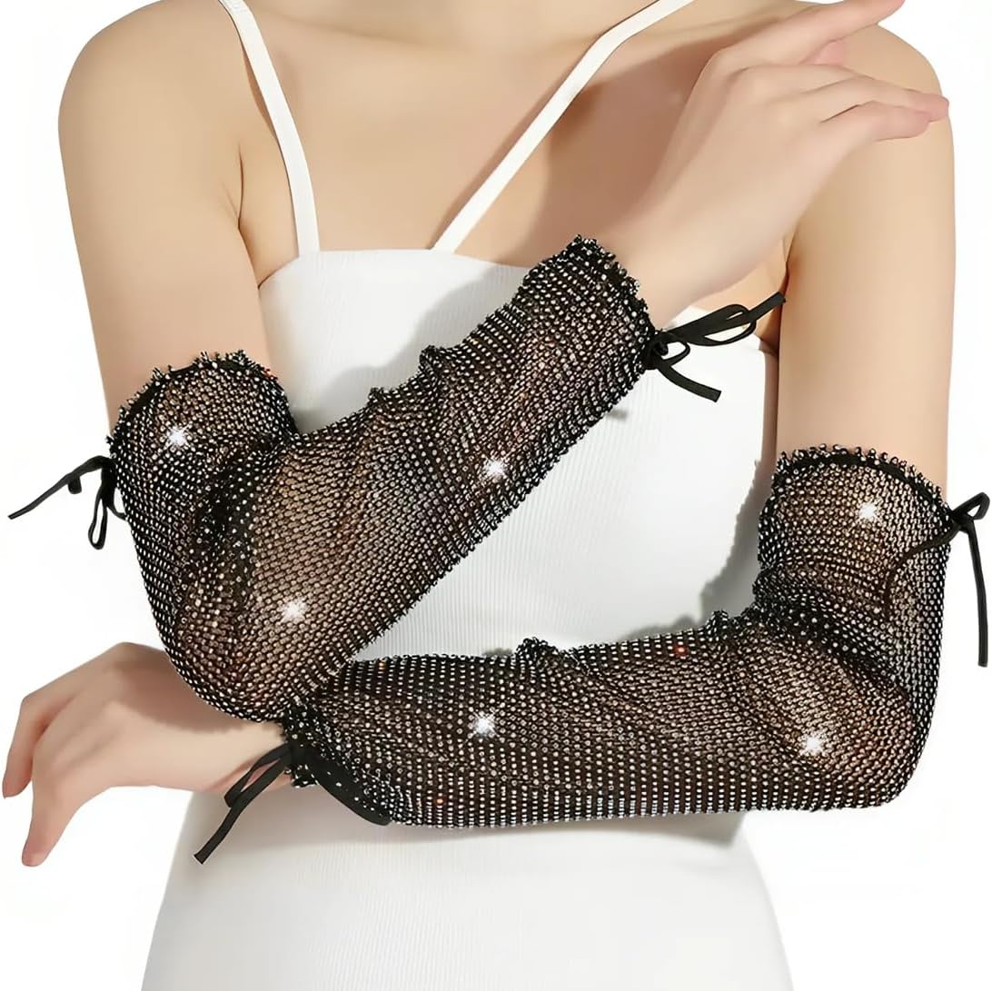 Specell Rhinestone Fingerless Gloves Stretch Fishnet Glove Long 19.68" Bride Wedding Party Rave Bling Costume Glove For Women