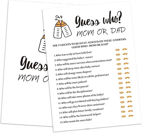 Juego de adivinanzas Who Mom or Dad; juego de 25 tarjetas, juego de baby shower para niña o niño, fiesta de revelación de género, biberón para