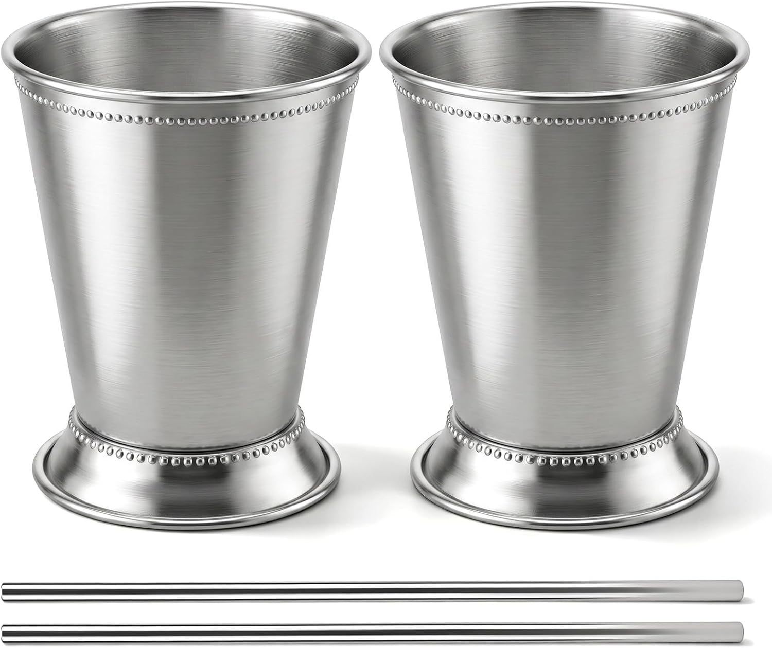 Set of 2 Mint Julep Cups, 12 oz Stainless Steel Metal Cocktail Glasses with Straws, Silver Drinking Cups for Party Bar Home Restaurant Beer Juice Beverage Mixed Drinks