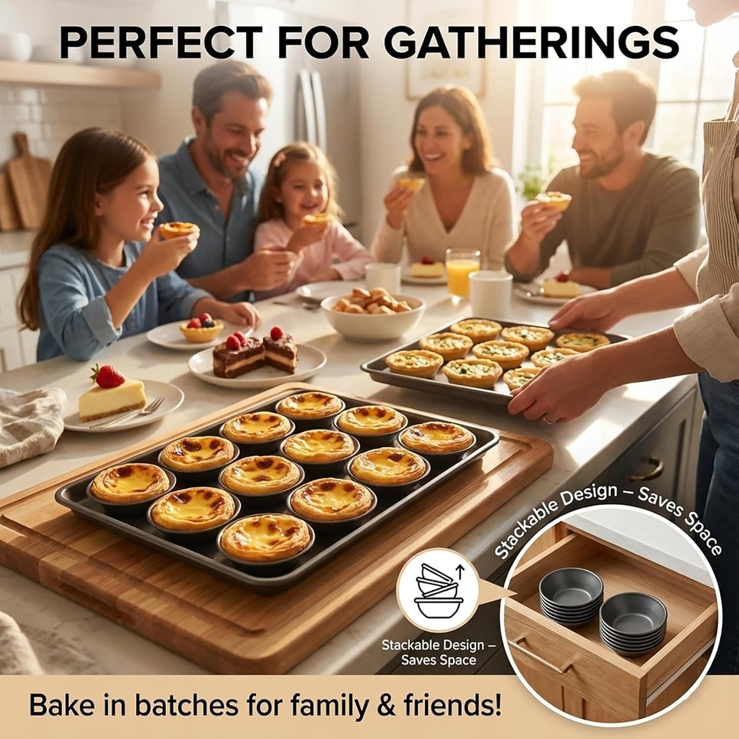 Nonstick Egg Tart Molds - Carbon Steel Portuguese Custard Tart Tins, 3 Inch Reusable Mini Pie Pans for Baking, Oven & Air Fryer Safe, Individual Pastel de Nata Molds(Black,14pcs)