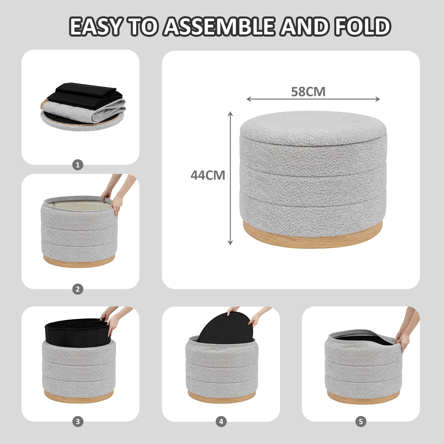 PINPLUS Runder Chenille Sitzhocker mit Stauraum, 2-in-1 Couchtisch & Fußhocker, klappbarer gepolsterter Hocker für Wohnzimmer, Schlafzimmer & Flur, 58 x 58 x 44 cm, Silbergrau