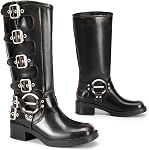 DREAM PAIRS Bottes de moto à haute boucle de genou pour femmes Bottes à moto à talons ronds à talon moyen Bottes d'équitation