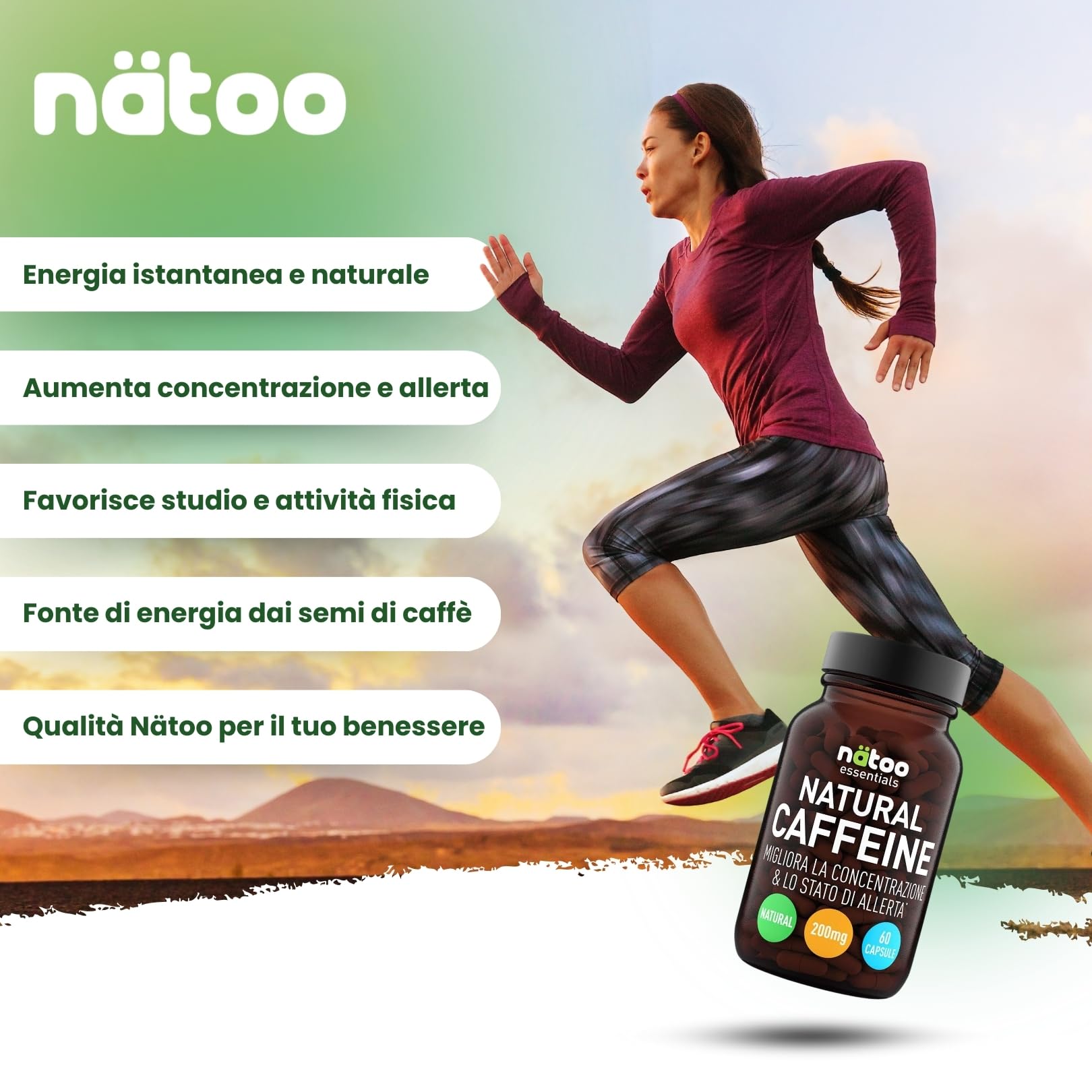 NÄTOO Caffeina 200mg, 60 Capsule Vegane, Caffeina Pura estratta da semi di caffe verde Coffea arabica, 1 Capsula 30 minuti prima del Workout, Adatto anche come integratore per studenti