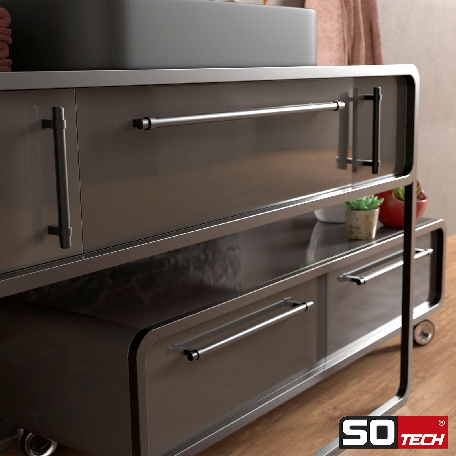 SOTECH 10er Set Möbelgriffe G20 Stahl schwarz matt lackiertStangengriffe Ø 14 mm Bohrlochabstand (BA) 890 mm Relinggriffe Gesamtlänge 930 mm