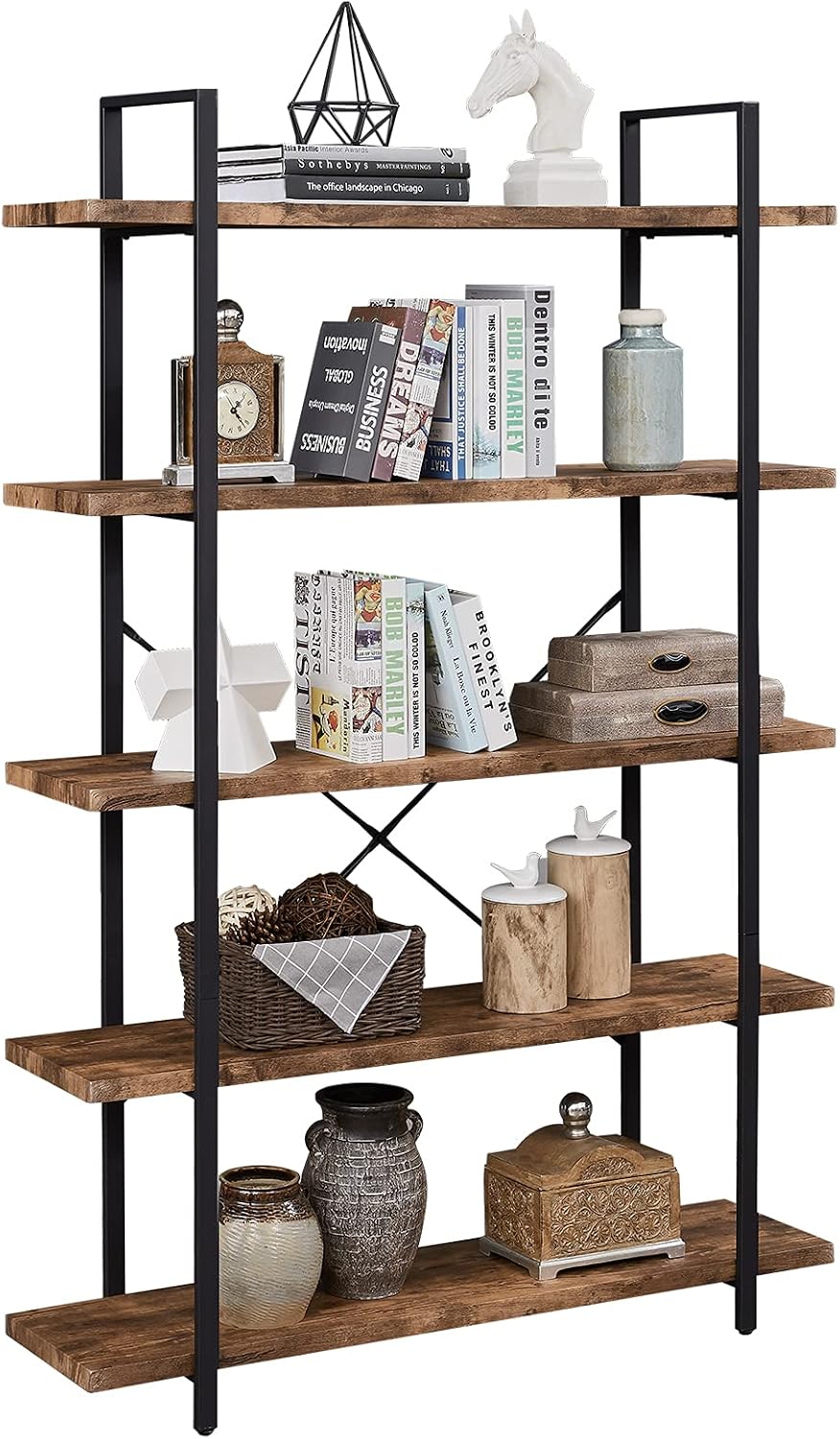 SUPERJARE 5-Tier Bookshelf, Open Etagere Bookcase with Metal Frame, Book Shelf Book Case with Storage Display Shelves, Rustic Brown