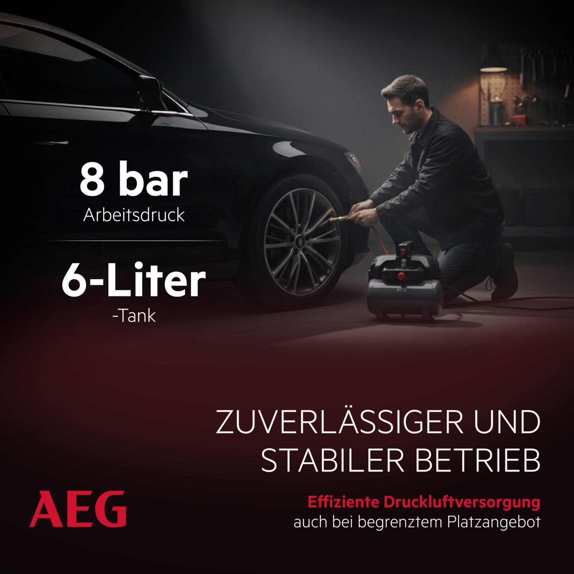 AEG KL6 Compresor de aire comprimido silencioso y potente para taller, hogar, ocio, versátil, libre de mantenimiento, libre de aceite, 56 dB, potencia del motor 1,5 CV, tanque 6 L, 8 bar, 206 l/min