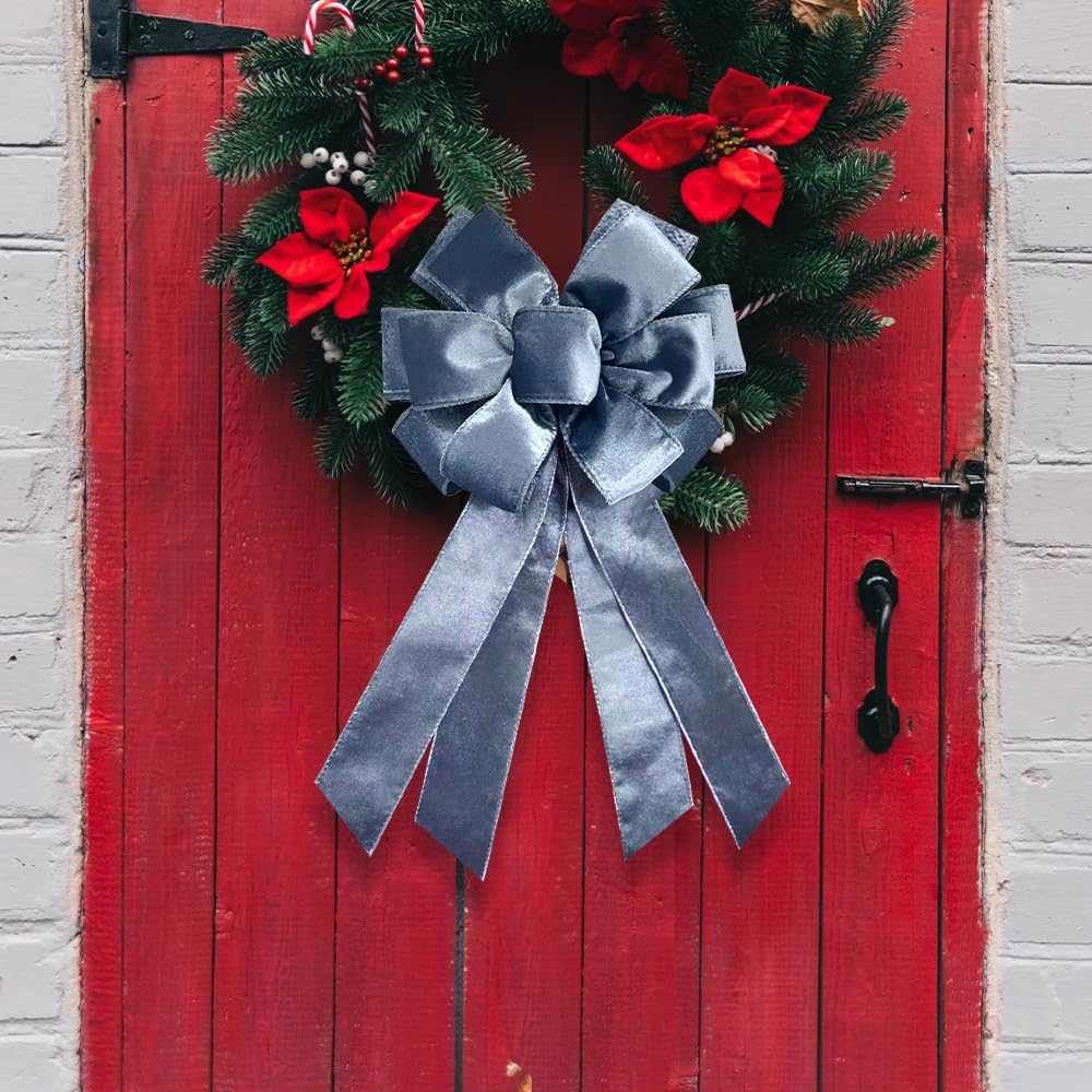 Large Valentine's Day Bow for Wreath 20 * 11inch Vintage Haze Blue Wreath Bow Blue Velvet Tree Topper Ornament Decorative Bow for Xmas Home Outdoor Indoor Party