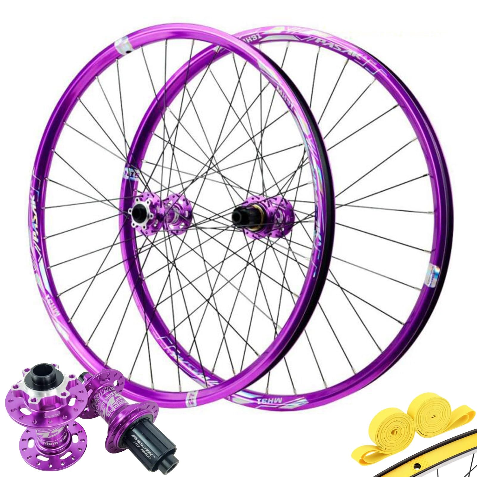 Zestaw kół rowerowych z hamulcem tarczowym, oś przelotowa 26, 27,5, 73,7 cm, ze stopu aluminium, do roweru górskiego, przednie 2 tylne 4 łożyska do zestawu kaset 8-12S (fioletowe - MS,29 cala)