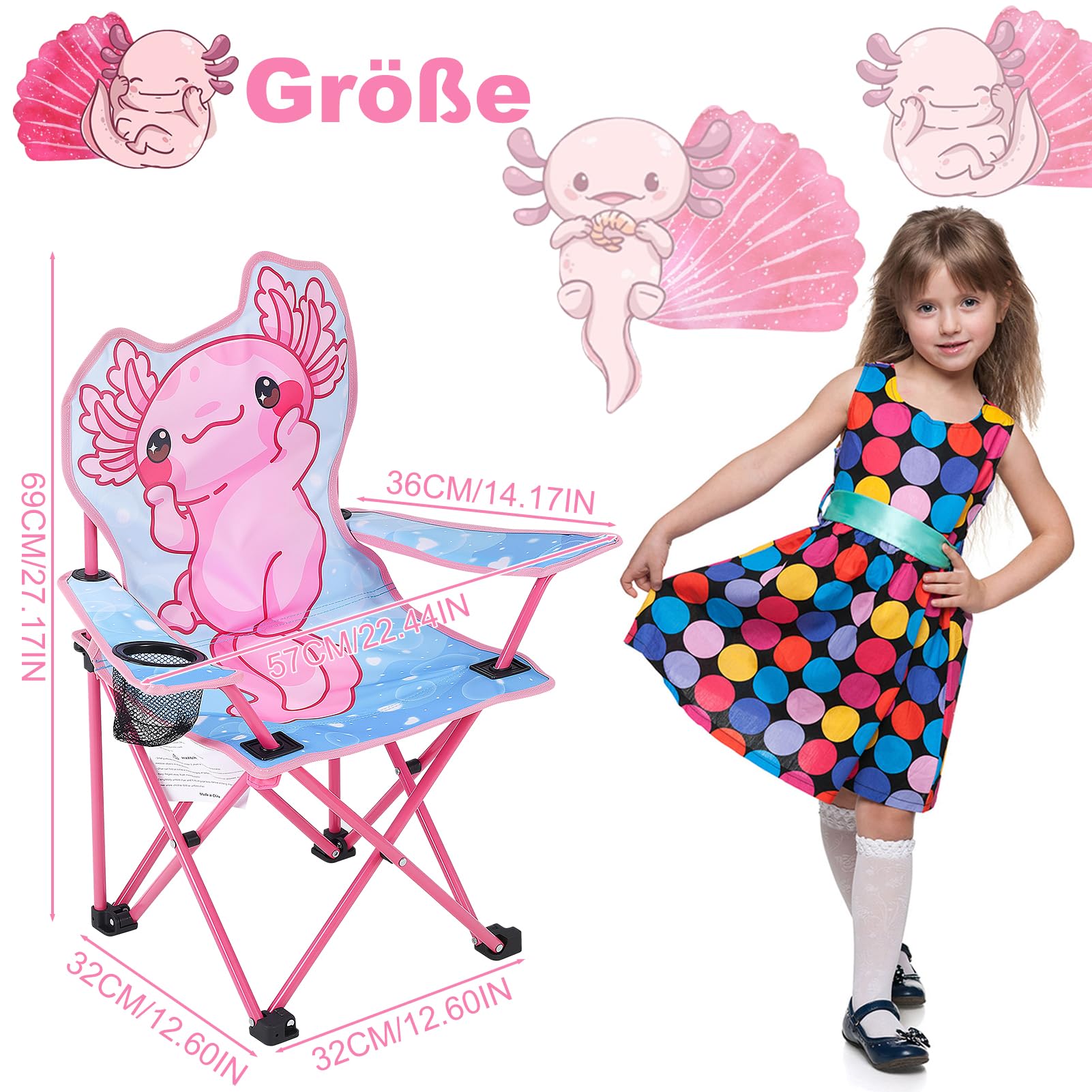 Silla de camping para niños con diseño de Axolotl, silla infantil para exteriores, con soporte para bebidas, silla plegable portátil, silla de jardín para niños, fuerte y estable, para picnic