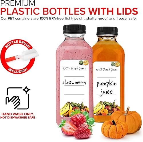 Miniatura 3 de Botellas de jugo con tapas para jugos y licuados, botellas de plástico vacías transparentes reutilizables con tapas, recipientes de bebida de 16