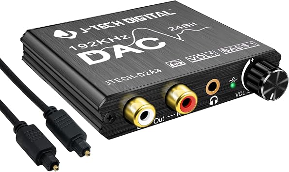 J-Tech Digital Digital to Analog Audio Converter with Headphone Amplifier & Bass Control 192kHz 24bit Optical Coaxial RCA 3.5mm