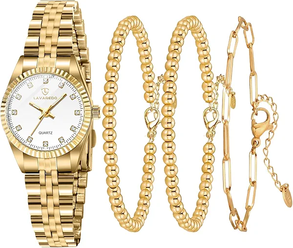 Timever Gold Womens Watch Set, 18K Gold Plated Bangle Bracelets Ring for Women, Dainty Ladies Wrist Waterproof Analog Watch with Luminous, Valentine Anniversary Birthday Gifts for Women