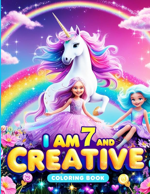 Birthday Gifts for 7 Year Old Girls : I Am 7 and Creative : Coloring Book with Unicorns, Mermaids, Princesses: Cute and Fun Magical Presents for Girls Age 7: I Am Creative Kids Coloring Book
