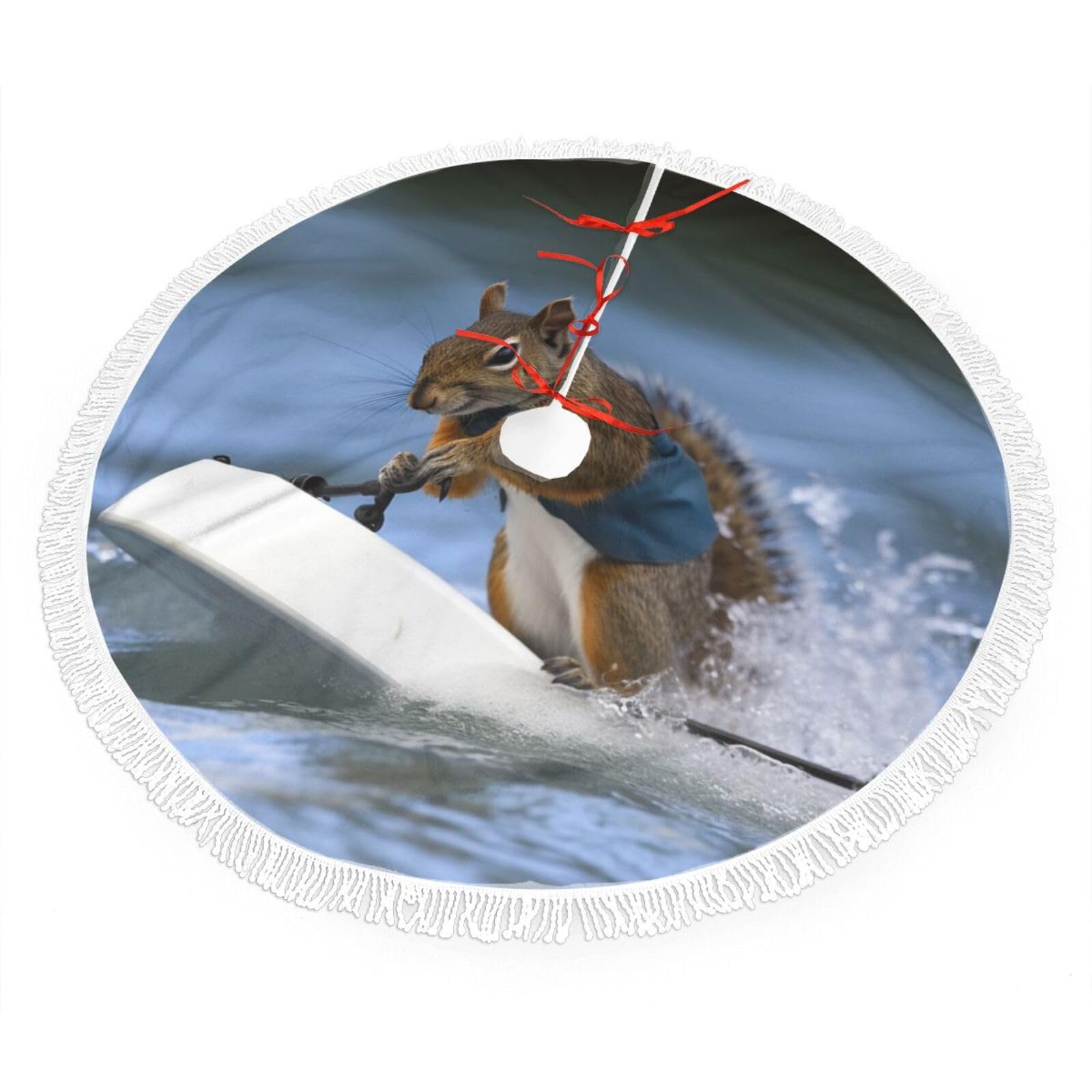 Water Skiing Squirrel Christmas Tree Skirt 36", Soft Plush Xmas Tree Carpet with Tassel Christmas Ornaments Winter Holiday Tree Mat Decoration for Home Party Supplies