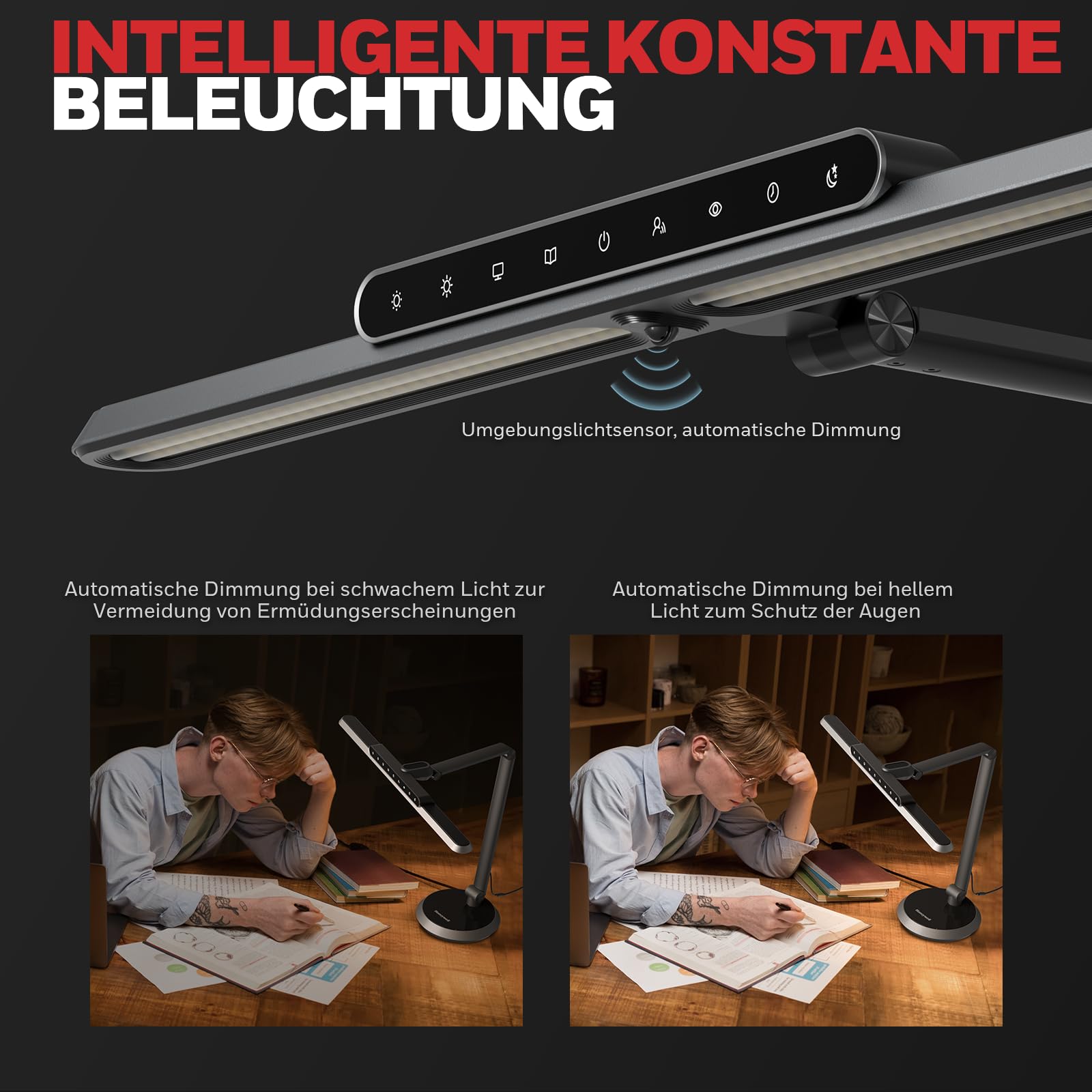 Honeywell LED-Tischleuchte H9 Sunturalux dimmbar mit Bewegungsmelder | 1000LM, CRI≥91, 2700K-5000K, augenschonend, RG0 geringes Blaulicht, stufenlose Dimmung, Leuchte für Schreibtisch