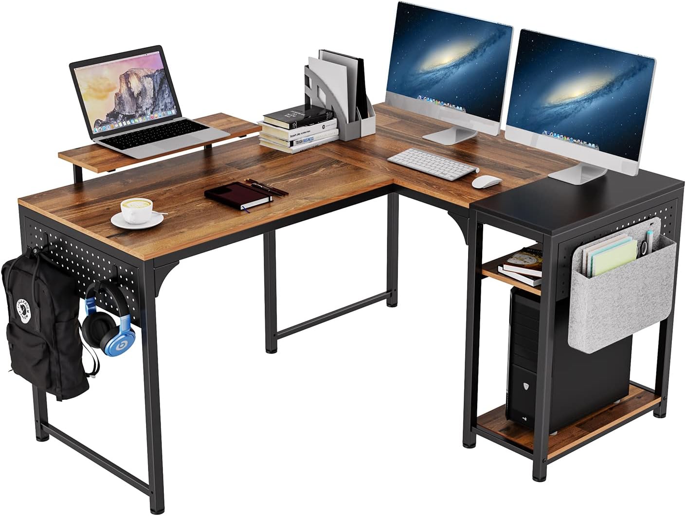 It's_Organized Reversible L Shaped Desk with Monitor Stand,58x47 inch Corner Desk,Study Writing Computer Table with Storage Shelves for Home Office,Rustic Brown/Black