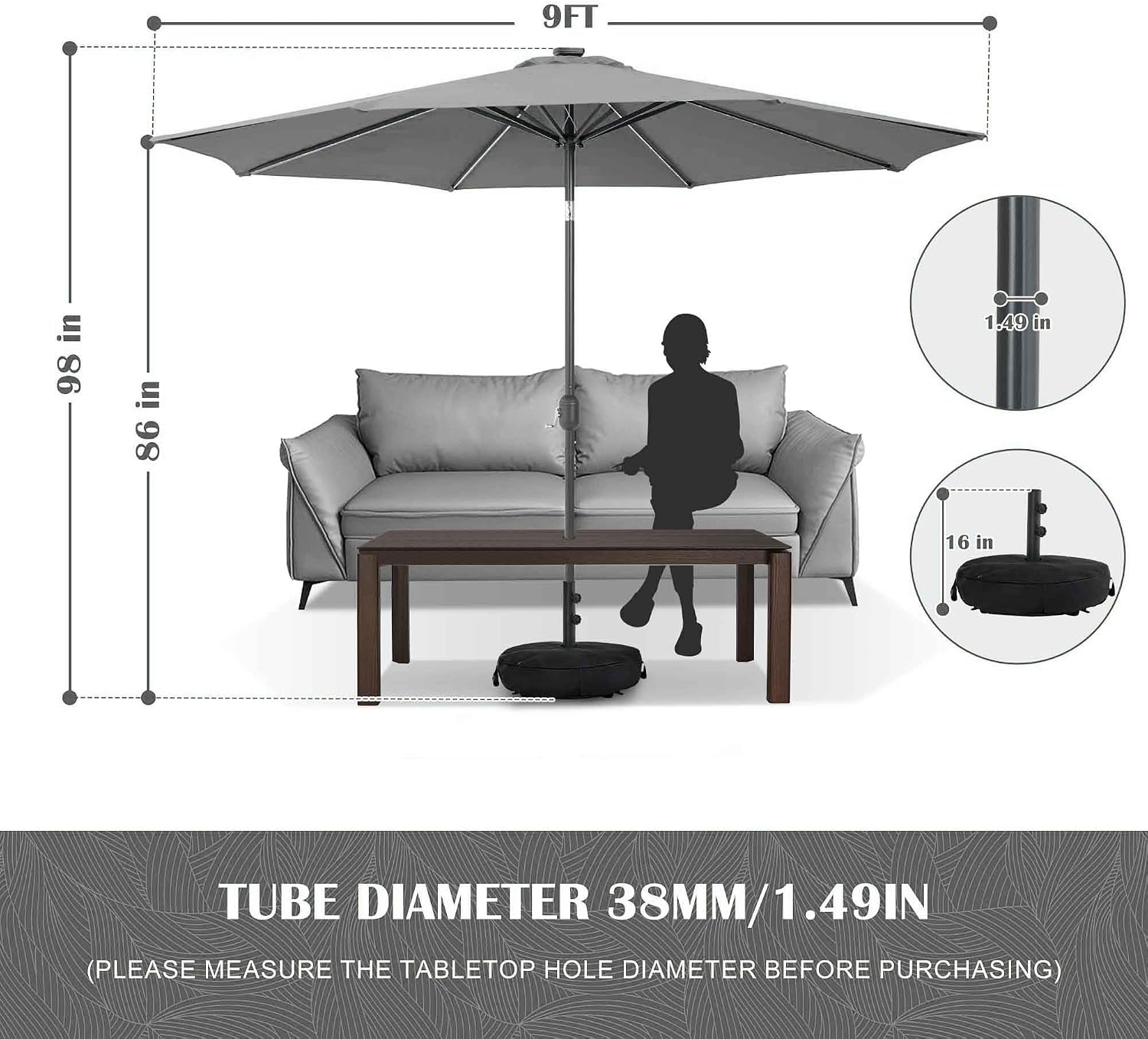 Sundale Outdoor Solar 80 LED 9 ft Patio Umbrella with Sand Bag Umbrella Base, Outdoor Umbrella with Tilt and Crank, Dark Grey