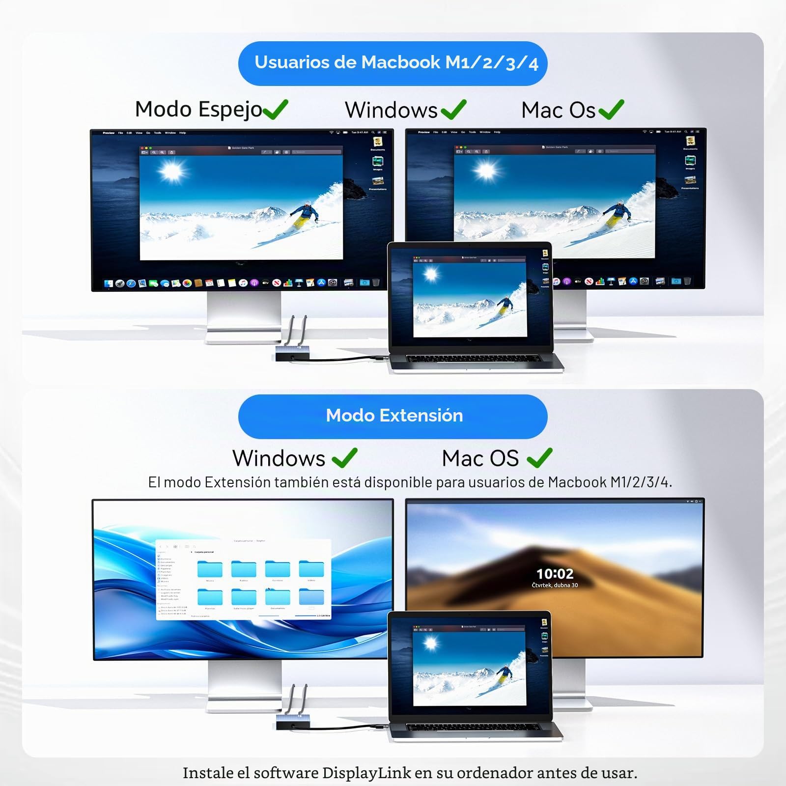 Adaptador USB C a Doble HDMI DisplayLink, 4K a 60 Hz, 2 HDMI, PD 100 W, estación de Acoplamiento USB C DisplayLink para Mac M1/M2/M3/Windows, Adaptador USB A/C a Doble Monitor (Grigio Fantasma)