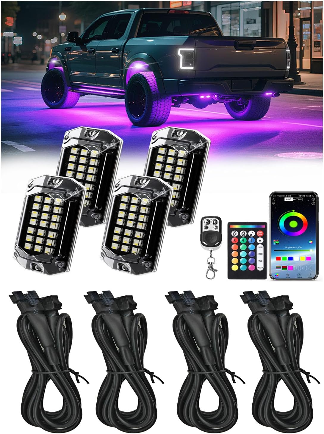 4 Pods Full Angle RGBW LED Rock Lights and 4 Piece 70 inch/5.90FT 5-Pin RGBW LED Rock Lights Extension Cord Cable Wire Set