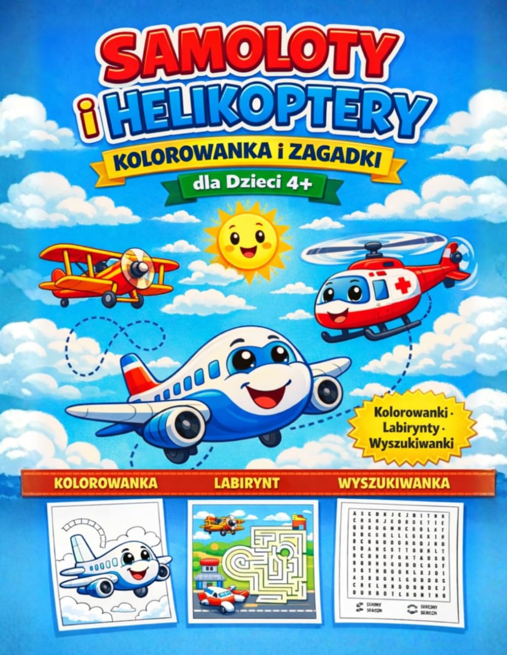 Samoloty i Helikoptery – Kolorowanka i Zagadki dla Dzieci 4+