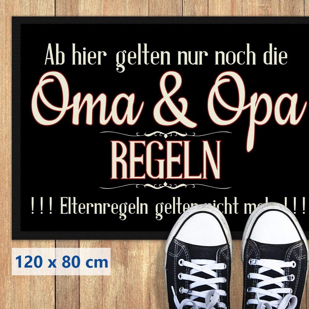 Print Royal Fußmatte mit Spruch - Oma & Opa Regeln - Fußabtreter als Geschenkidee für die Großeltern - rutschfest, 120 x 80 cm