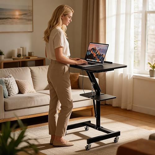Miniatura 4 de Escritorio móvil de pie con ruedas, mesa para laptop de altura ajustable, estación de trabajo ergonómica portátil de 27.56 pulgadas con ruedas de