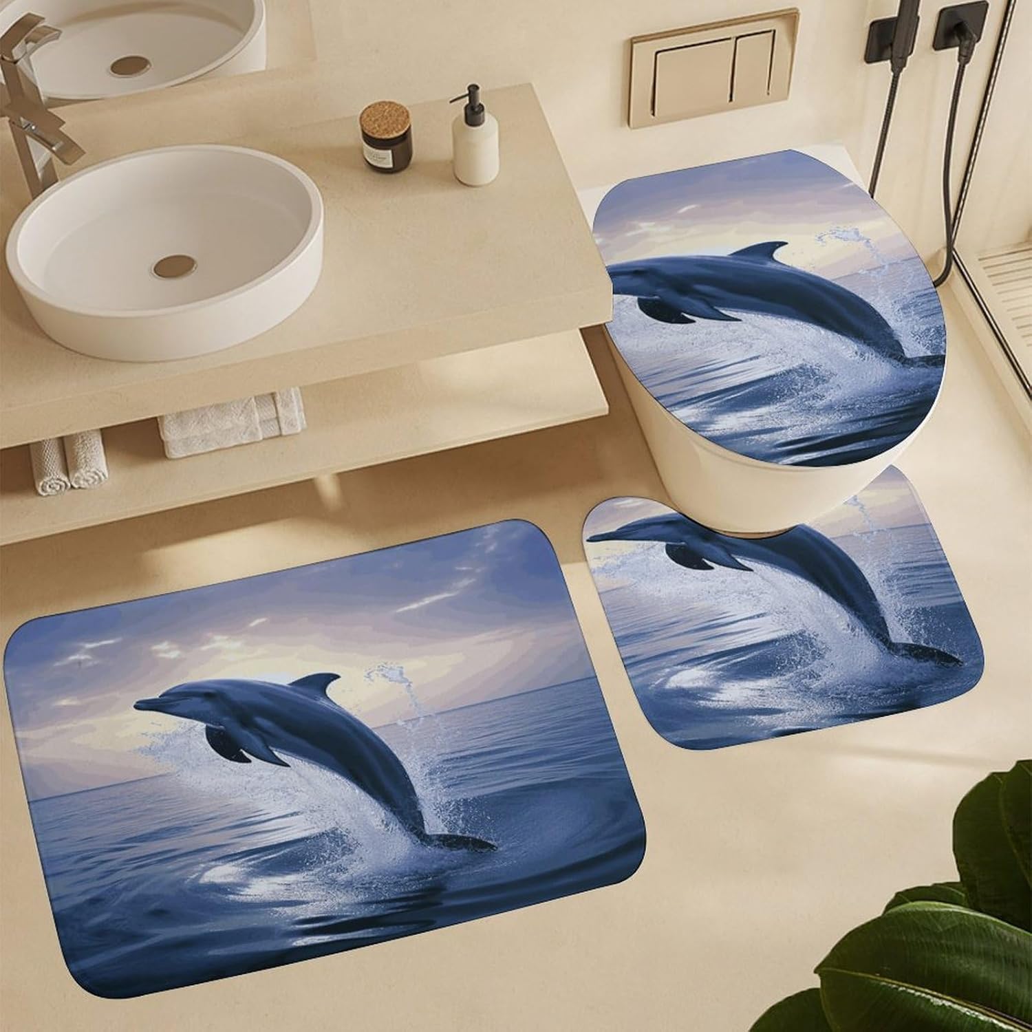 Elegant Dolphin 4Pcs Shower Curtain Set with Non-Slip Rugs, Toilet Lid Cover and Bath Mat,Bathroom Set Decor Accessories,Curtain Set with 12 Hooks, 72 X 72 Inch