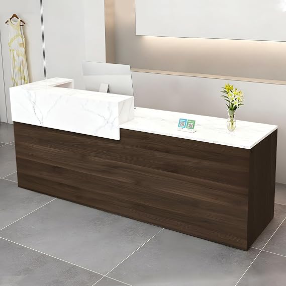 Modern Reception Desk with Drawer & Open Shelves, 39-95 Inch Front Counter Table, Computer Workstation Suitable for Salons, Offices, Lobbies, Retail Stores and Home Offices