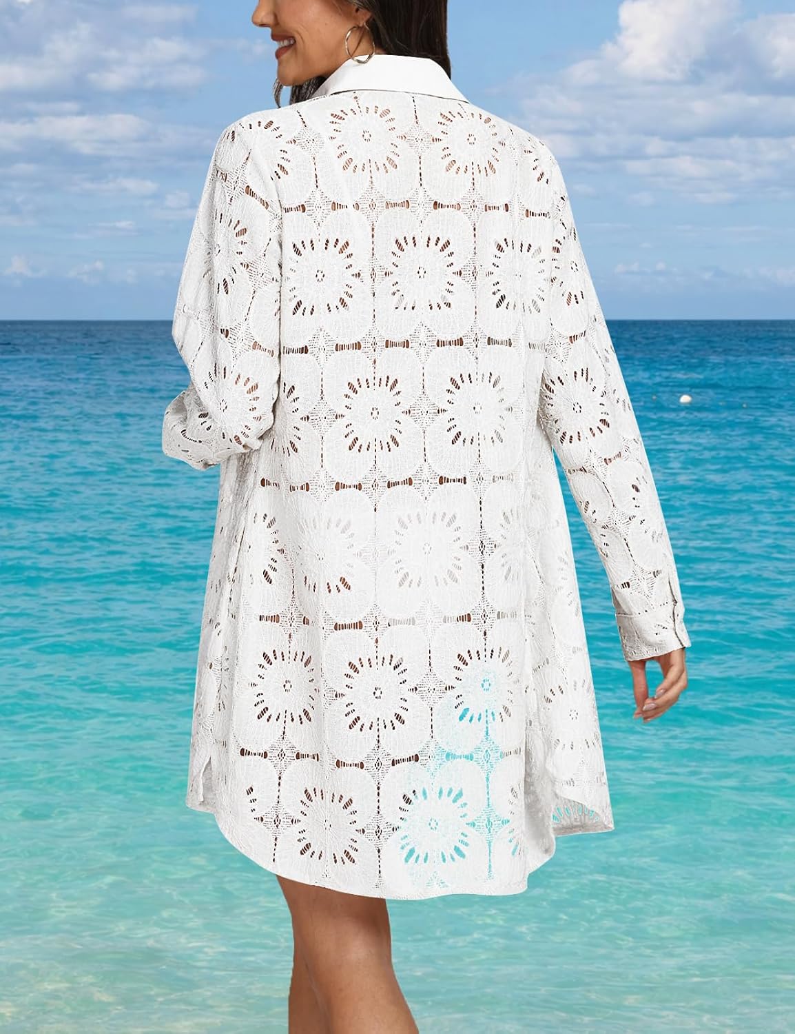 CiCiBird Women Swimsuit Coverup Blouse Eyelet Bathing Suit Cover Up Button Down Shirtdress Long Sleeve Beach Dresses