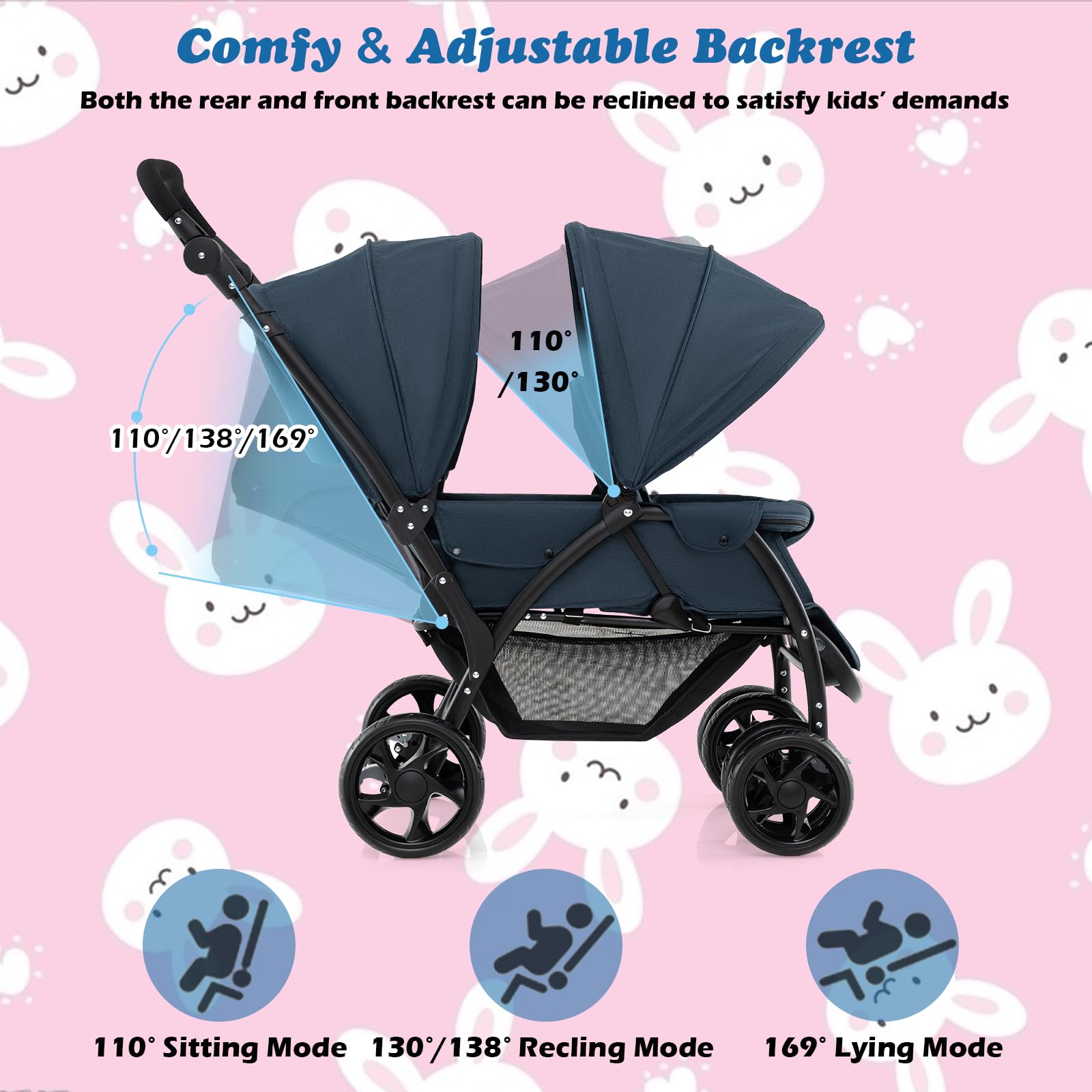 LIFEZEAL Carrito Gemelar, Silla de Paseo Doble Plegable para Gemelos, Cochecito de Viaje de 2 Plazas para Bebé con Ajuste de 3 Posiciones, Capacidad de carga 15+15 KG (Azul)