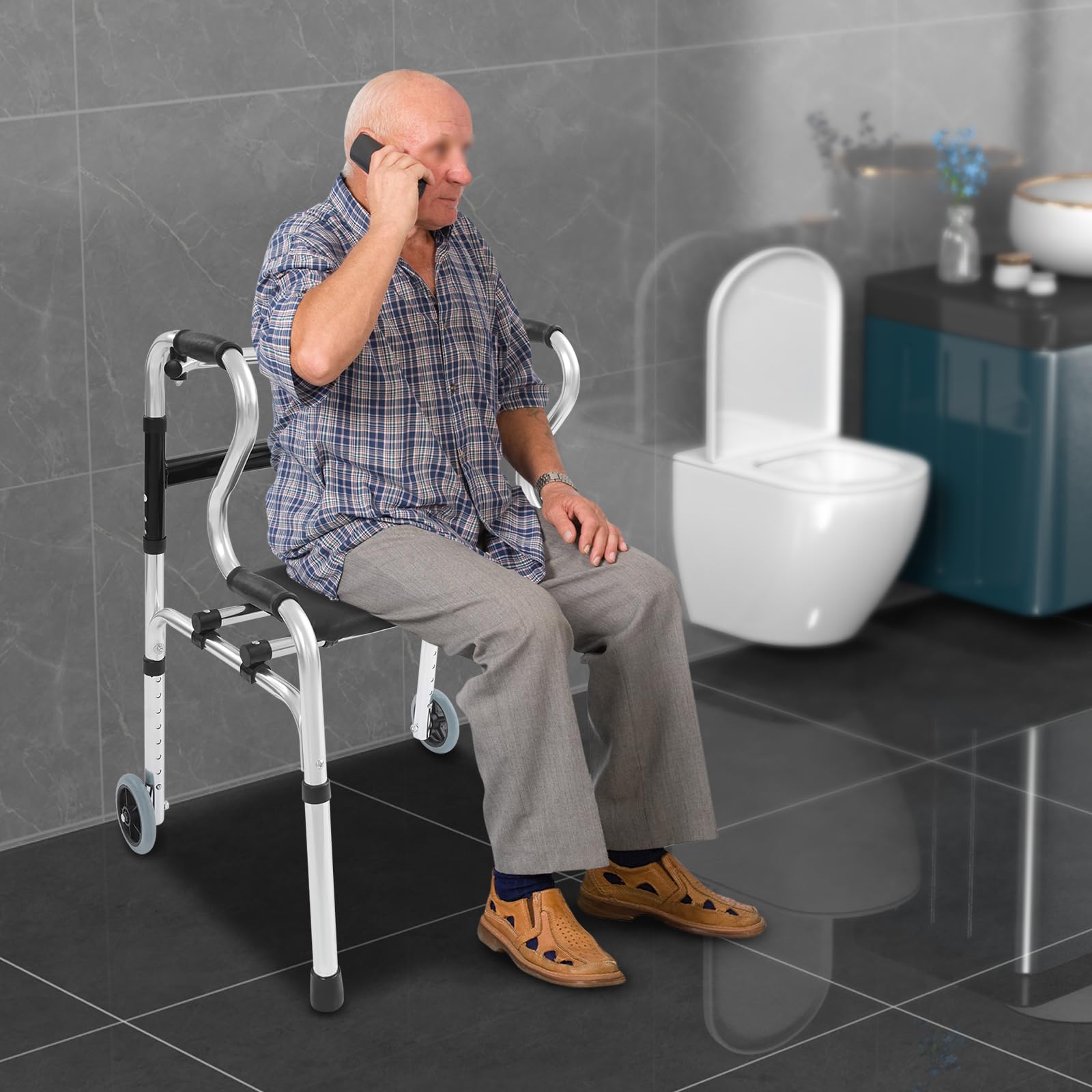 Deambulatore per anziani, 75 – 90 cm, regolabile in altezza, con bracciolo, supporto per ruote, cuscino per casa, ospedale, supporto per camminare, seduti, in piedi, portata: 100 kg