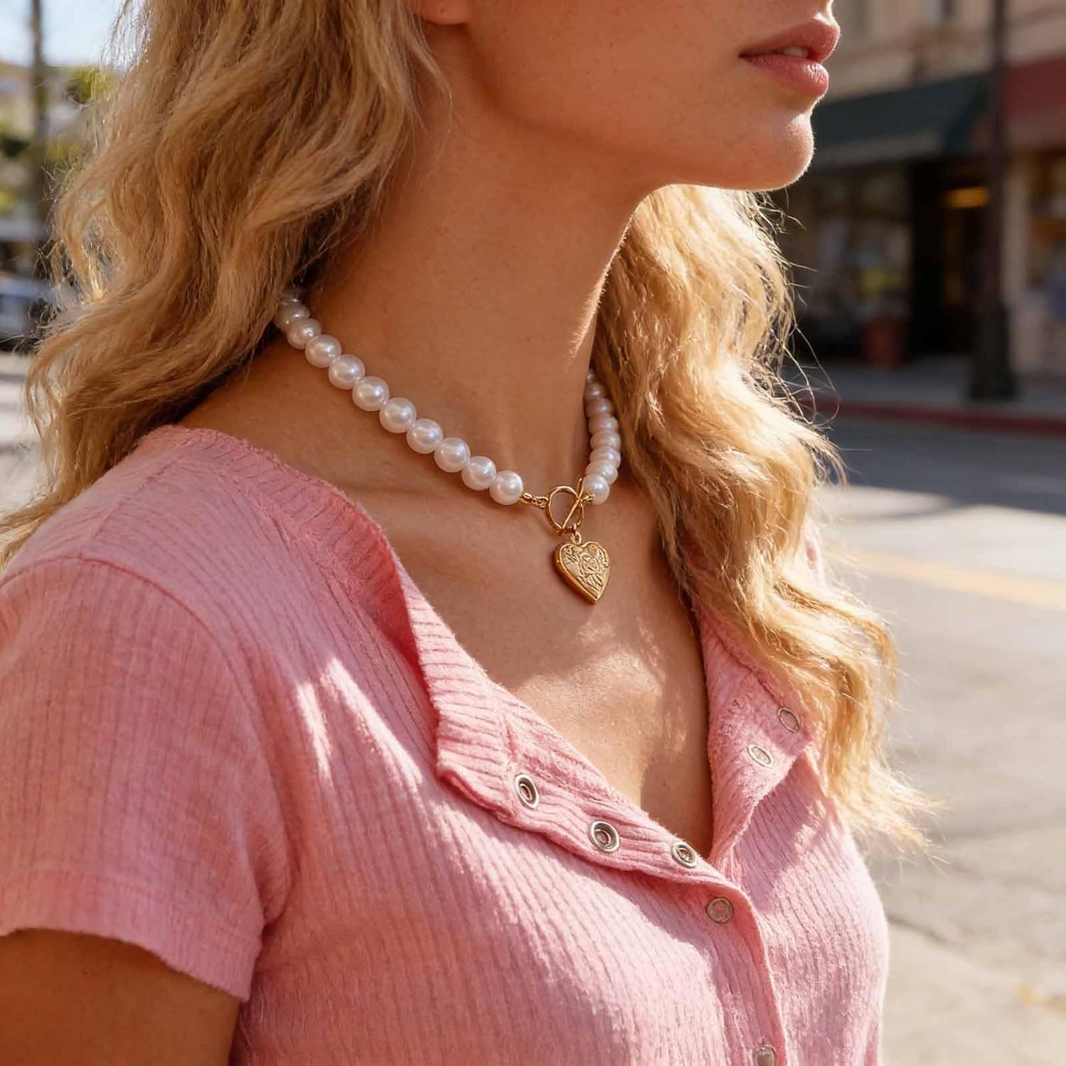 Andelaisi Boho Pearl Heart Necklace Vintage Love Heart Pendant Necklace Gold Heart T bar Necklace Baroque Pearl Choker Necklace Jewelry For Women - Image 6