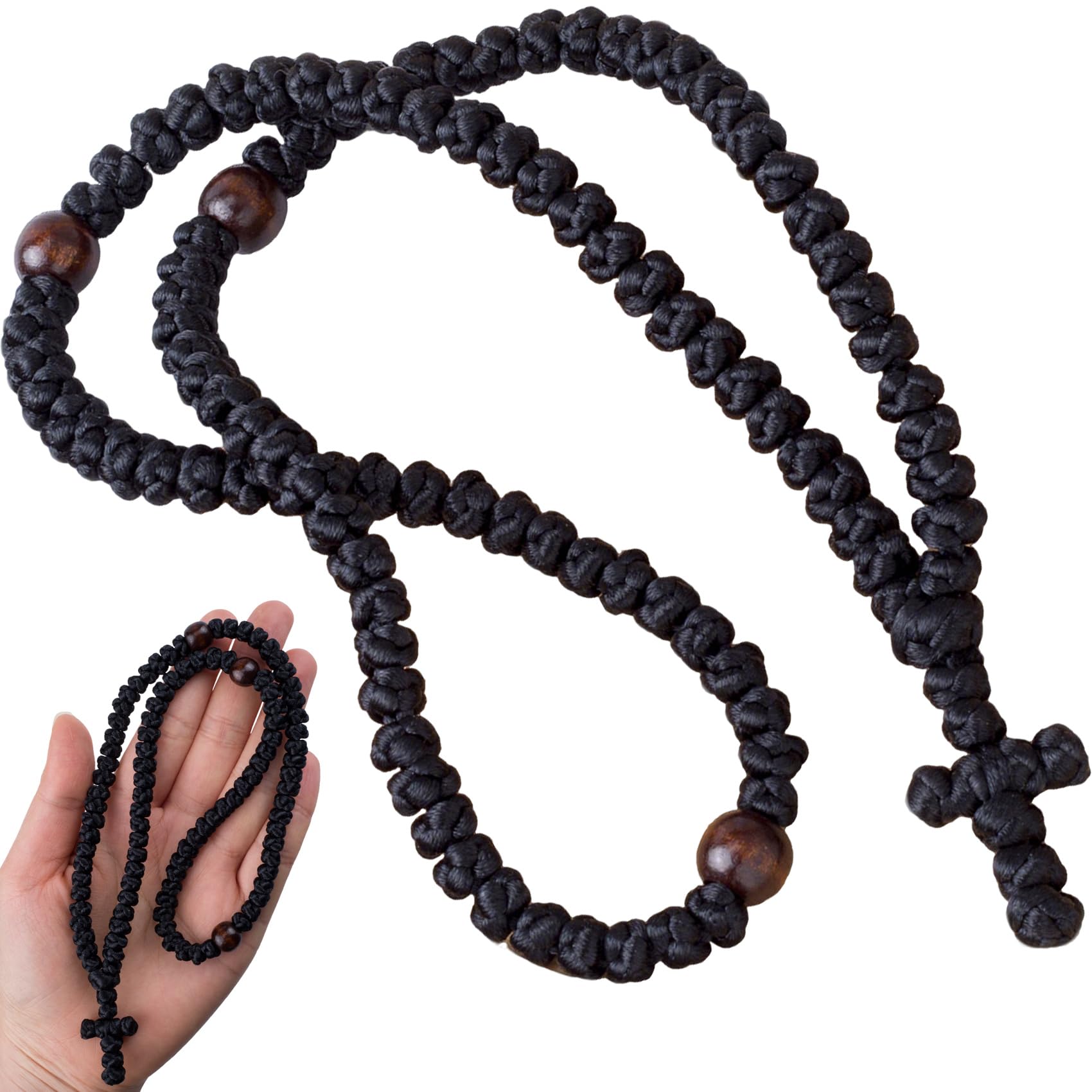 YALOJE Christian Orthodox Prayer Rope, Handmade 100 Knots Braided Greek Prayer Rope Cross Charm, Car Hanging Protection Blessing Decor for Women, Men - Black, 1pcs