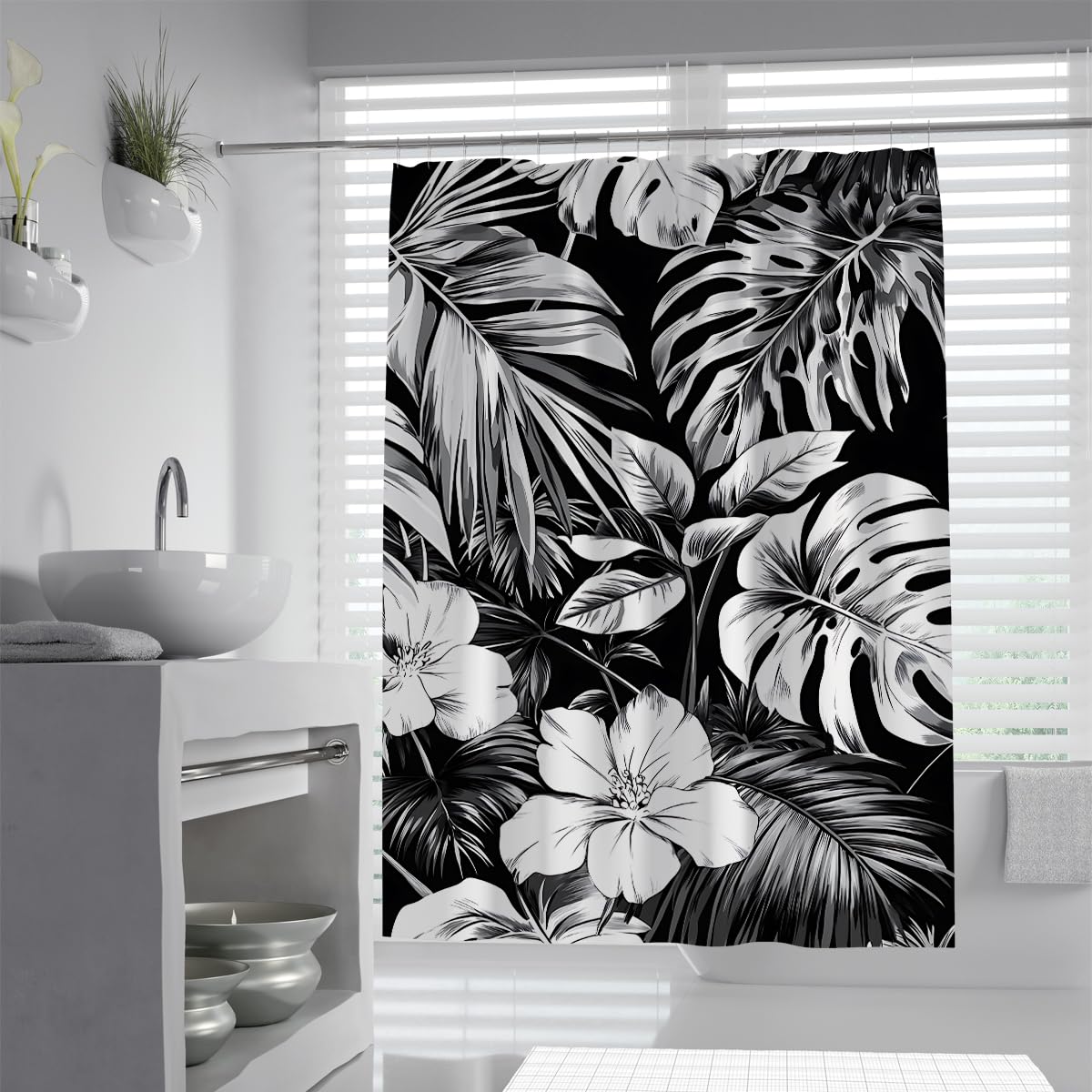 UIRINGART Black White Monstera Shower Curtain W180xL180cm Dark Botanical Palm Leaf Hibiscus Floral Pattern Water Repellent Bath Curtains Rustproof Grommets Home Hotel