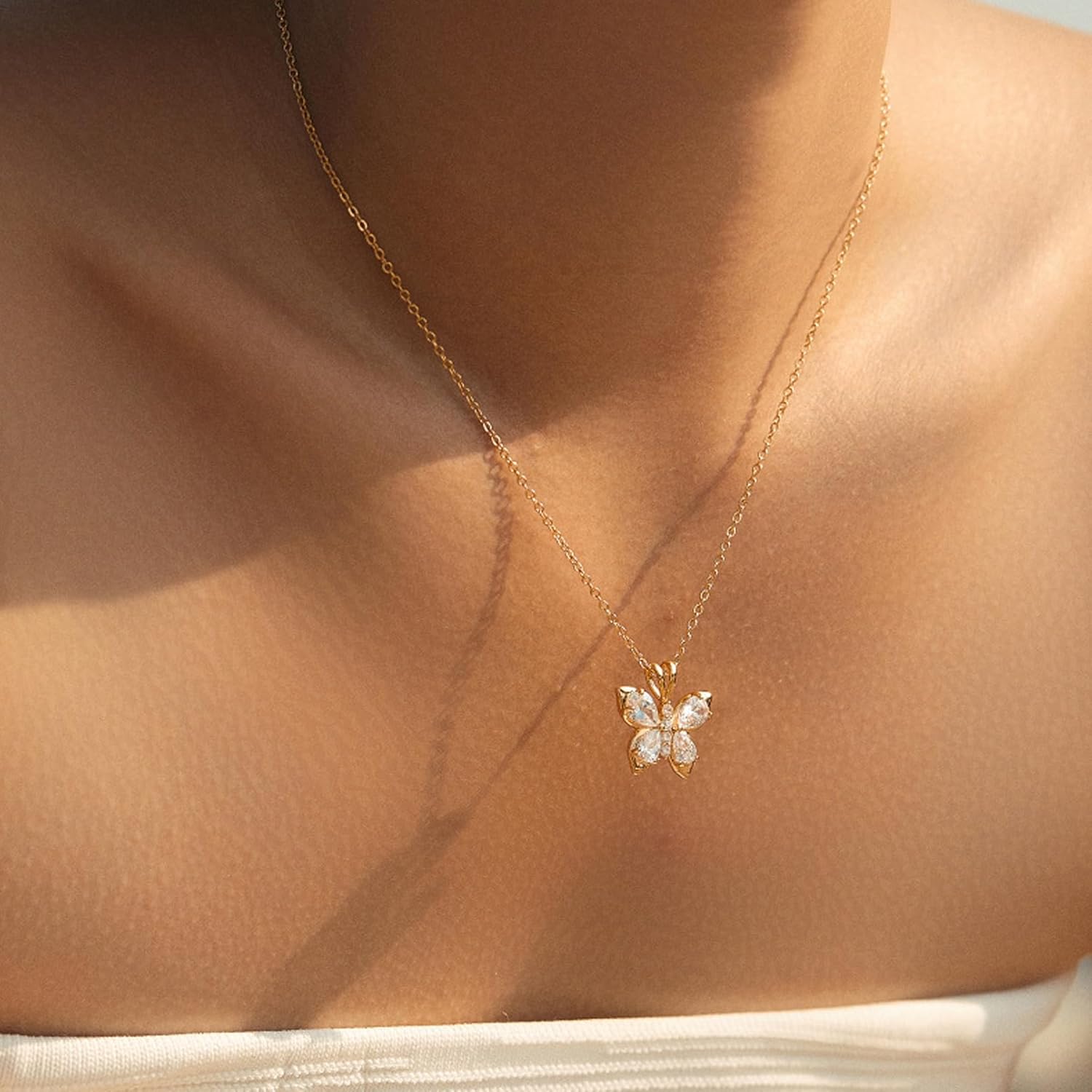 18K Gold Plated Butterfly Necklace for Women Non Tarnish 18K Gold Plated Cubic Zirconia Butterfly Pendant Necklace Dainty Lightweight Gold Pendant Necklaces Jewelry Gifts Trendy Stuff - Image 2