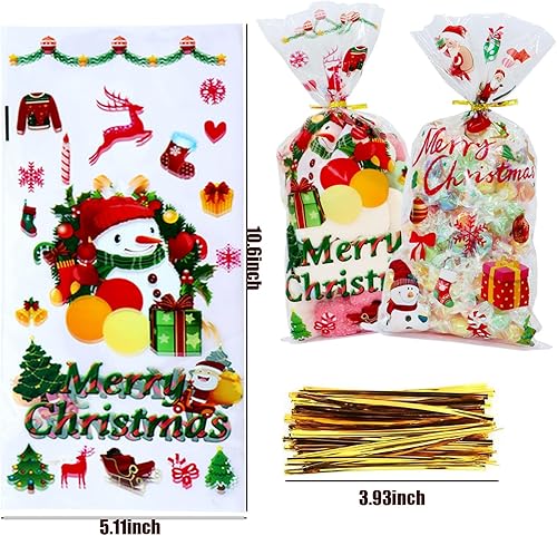 Miniatura 3 de MOLIDA 150 bolsas de celofán de Navidad, bolsas de dulces transparentes de Navidad con 160 lazos giratorios para suministros de fiesta de Navidad