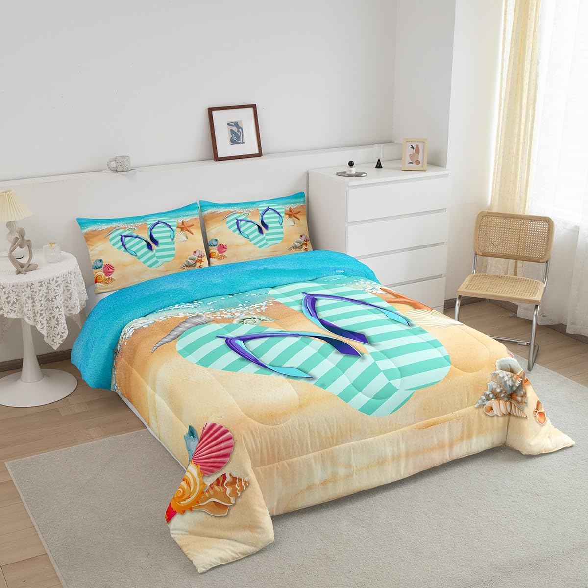 Homewish Stripes Flip Flop King Size Comforter Set,Kids Starfish Shell Decor All Season Bedding Set,Teens Summer Cool Comforter,Girls Ocean Beach Decor Quilt Set Bedroom Collection 3Pcs