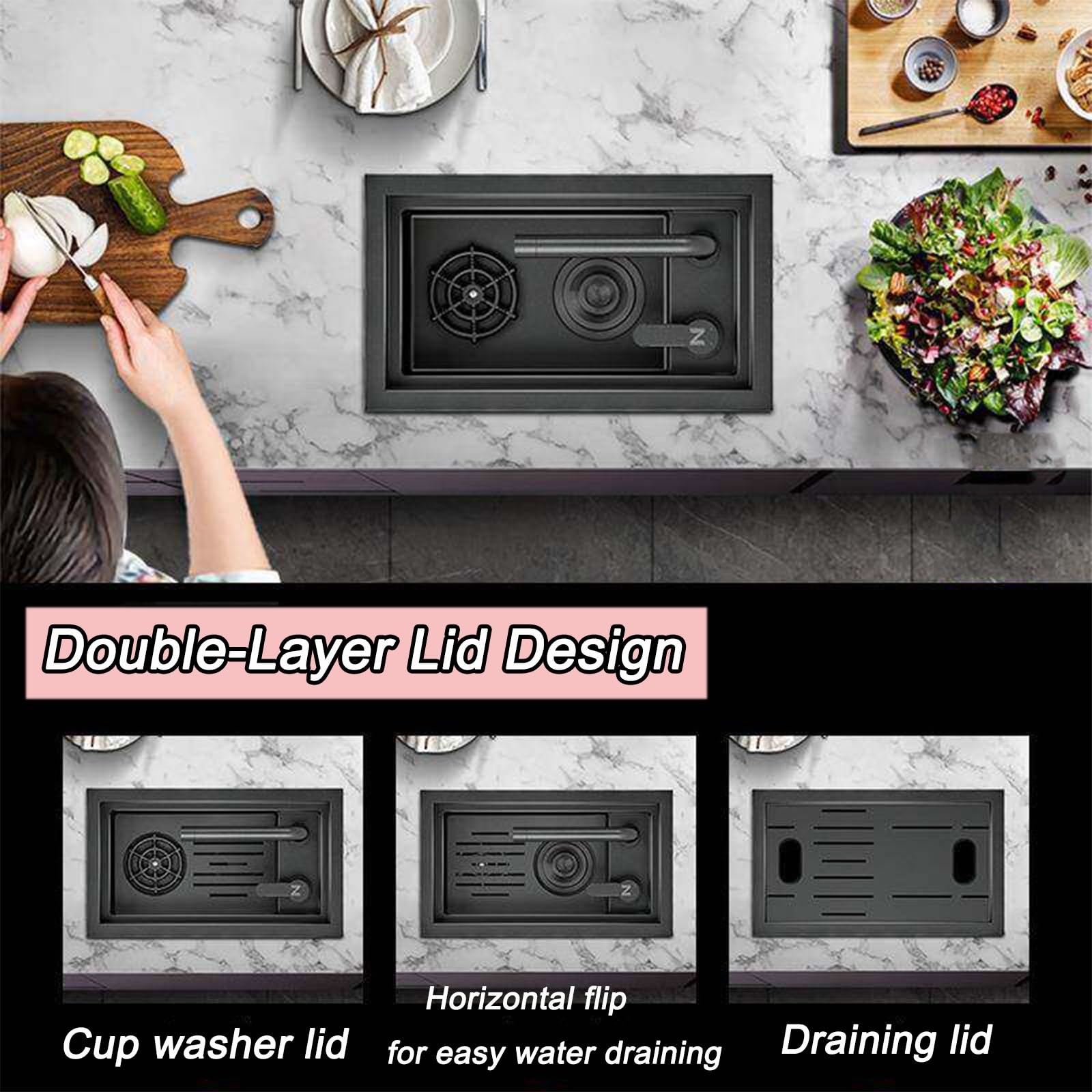 Fregadero Camper, Lavabo Caravana con Grifo, Fregadero Multifunción Oculto con Lavavasos Combinado, Fregadero de Acero Inoxidable para Barra de Camping