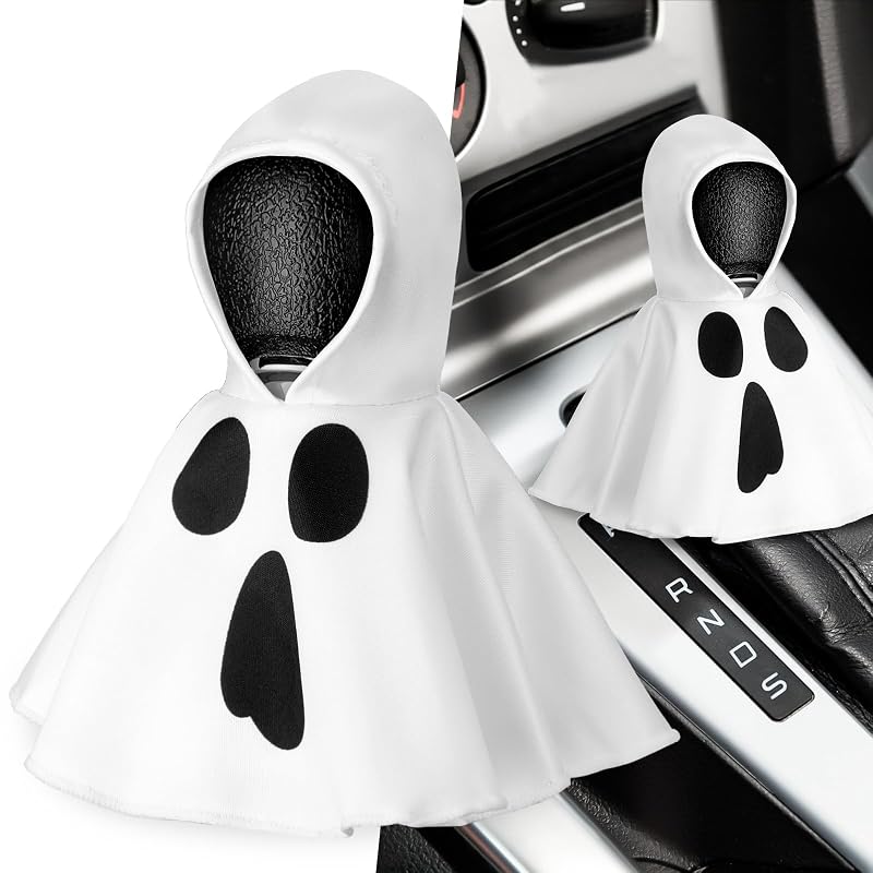 Capa decorativa para manopla de câmbio Wonderjune com capuz de fantasma para Halloween, preta e branca, 1 unidade