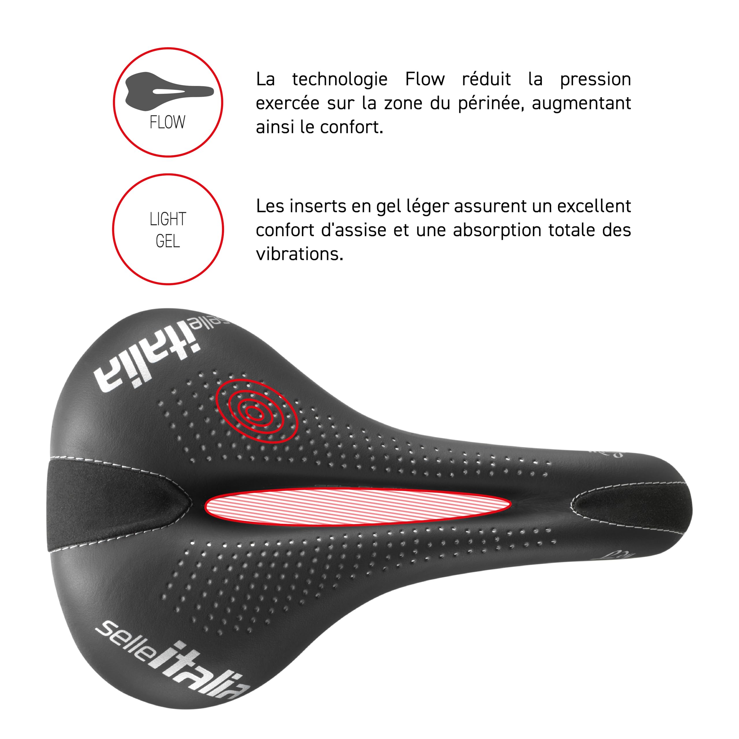 Selle Italia Lady Gel TM Flow - Selle de Route pour Femme, Cadre en Manganèse Ø7, Selle Gran Turismo Fibra-Tek, Gel Confort, Absorbeur de Chocs
