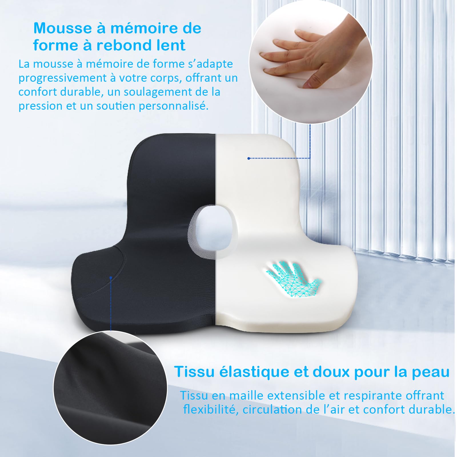 Cojín de asiento de coche con memoria de forma con soporte lumbar, comodidad ergonómica para la espalda, ideal para viajes largos, oficina, camión, conductor, funda extraíble y lavable. (Negro)