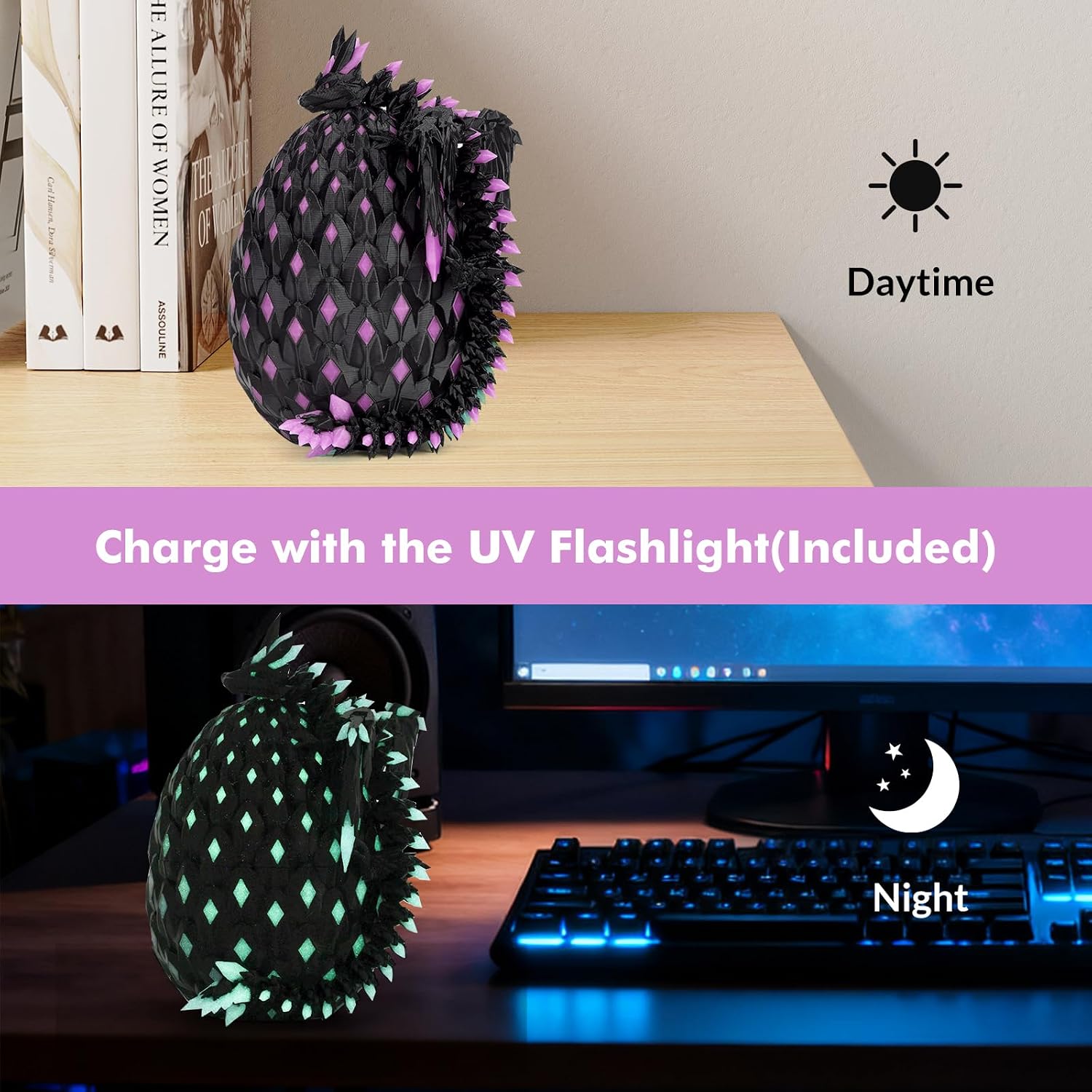 3D Printed Dragon with Wings Glow in The Dark, Dragon Eggs with Dragon Inside, Flexible Articulated Fidget Toy, Easter Mythical Pieces, Cool Luminous Desk Decor Gift for Kids & Adults image 5
