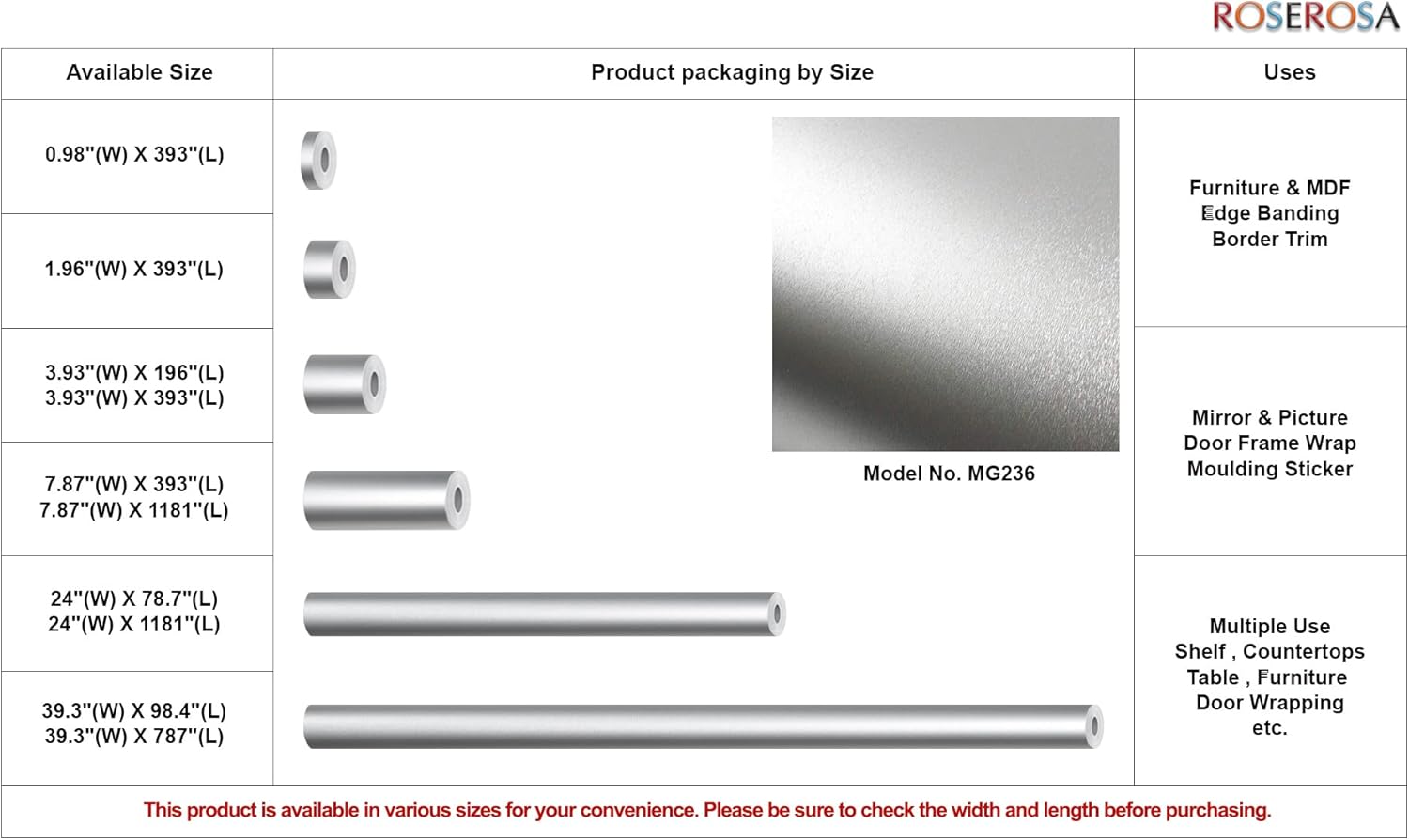 ROSEROSA Peel and Stick Brushed Faux Metal Architectural Film Self-Adhesive Vinyl Film Wallpaper Door Wrap Counter Top Border Mirror Molding Trim MG236