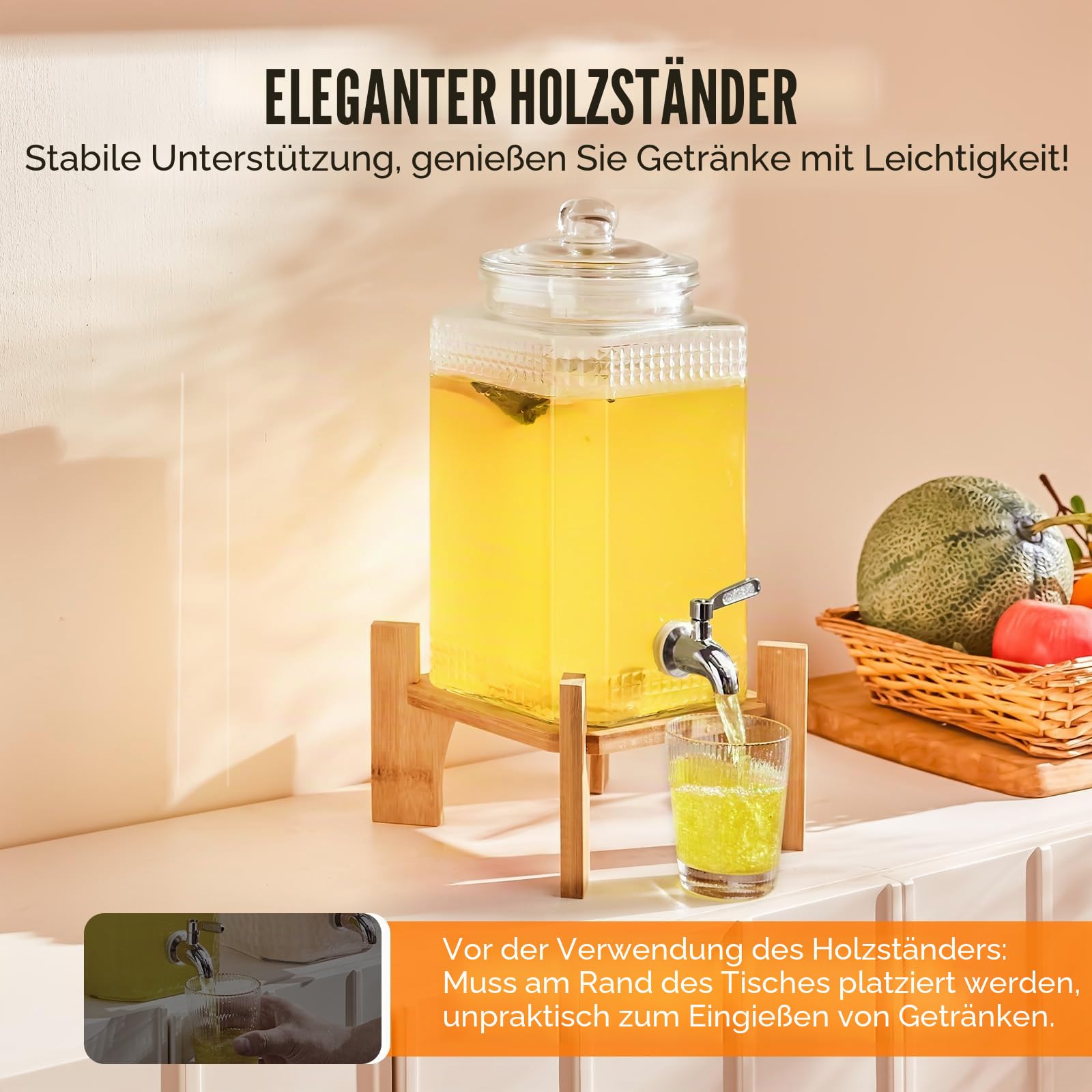 VEVOR Getränkespender, 1,5 Gallonen Getränkespender für Partys, Saftspender aus Glas mit Ständer, Zapfhahn aus Edelstahl, Eistee-Limonadensaft-Wasserspender, für Restaurants, Hotels, Partys